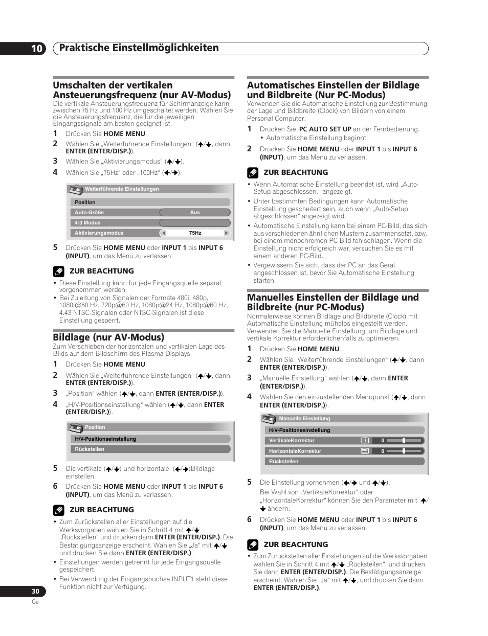 10 praktische einstellmöglichkeiten, Bildlage (nur av-modus) | Pioneer PDP-5000EX User Manual | Page 106 / 230