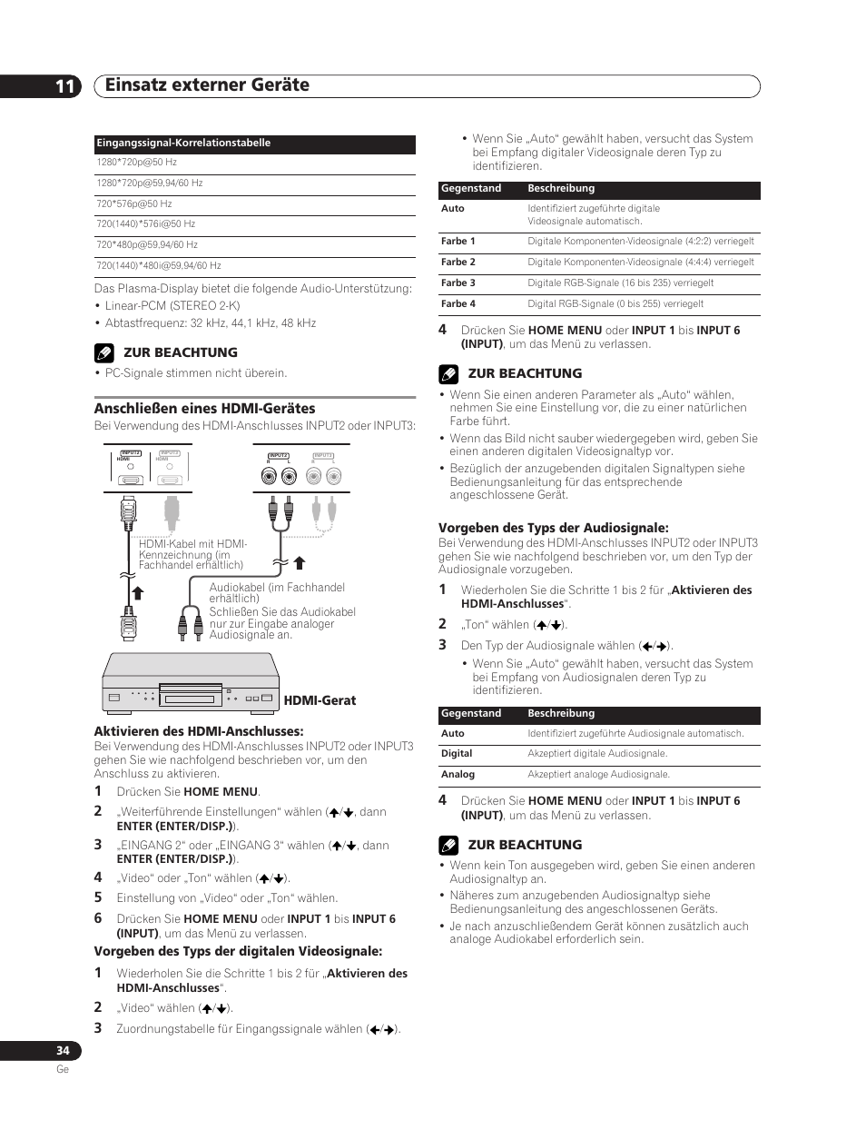 Anschließen eines hdmi-gerätes, Einsatz externer geräte 11 | Pioneer PDP-5000EX User Manual | Page 110 / 230
