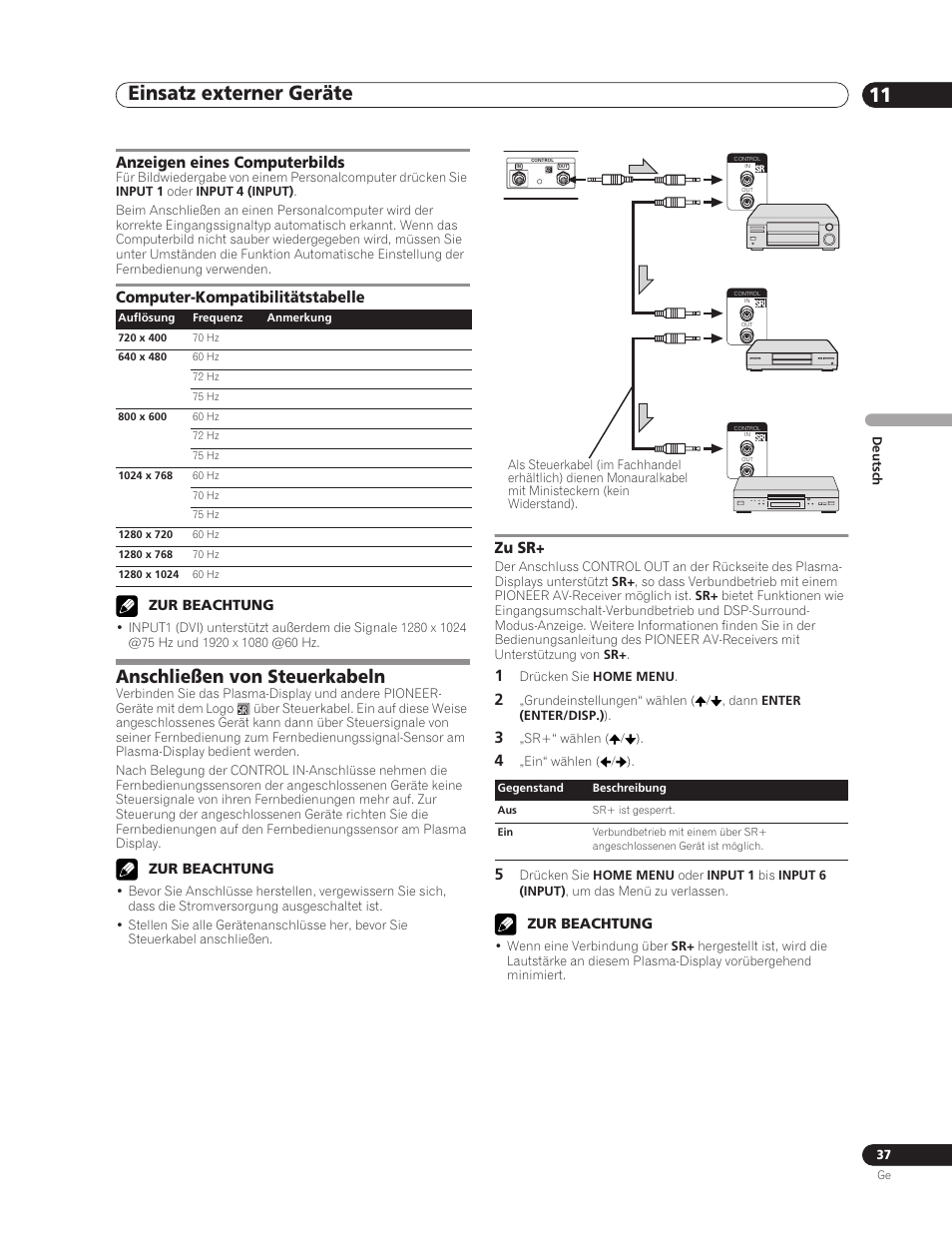 Anschließen von steuerkabeln, Zu sr, Einsatz externer geräte 11 | Anzeigen eines computerbilds, Computer-kompatibilitätstabelle | Pioneer PDP-5000EX User Manual | Page 113 / 230