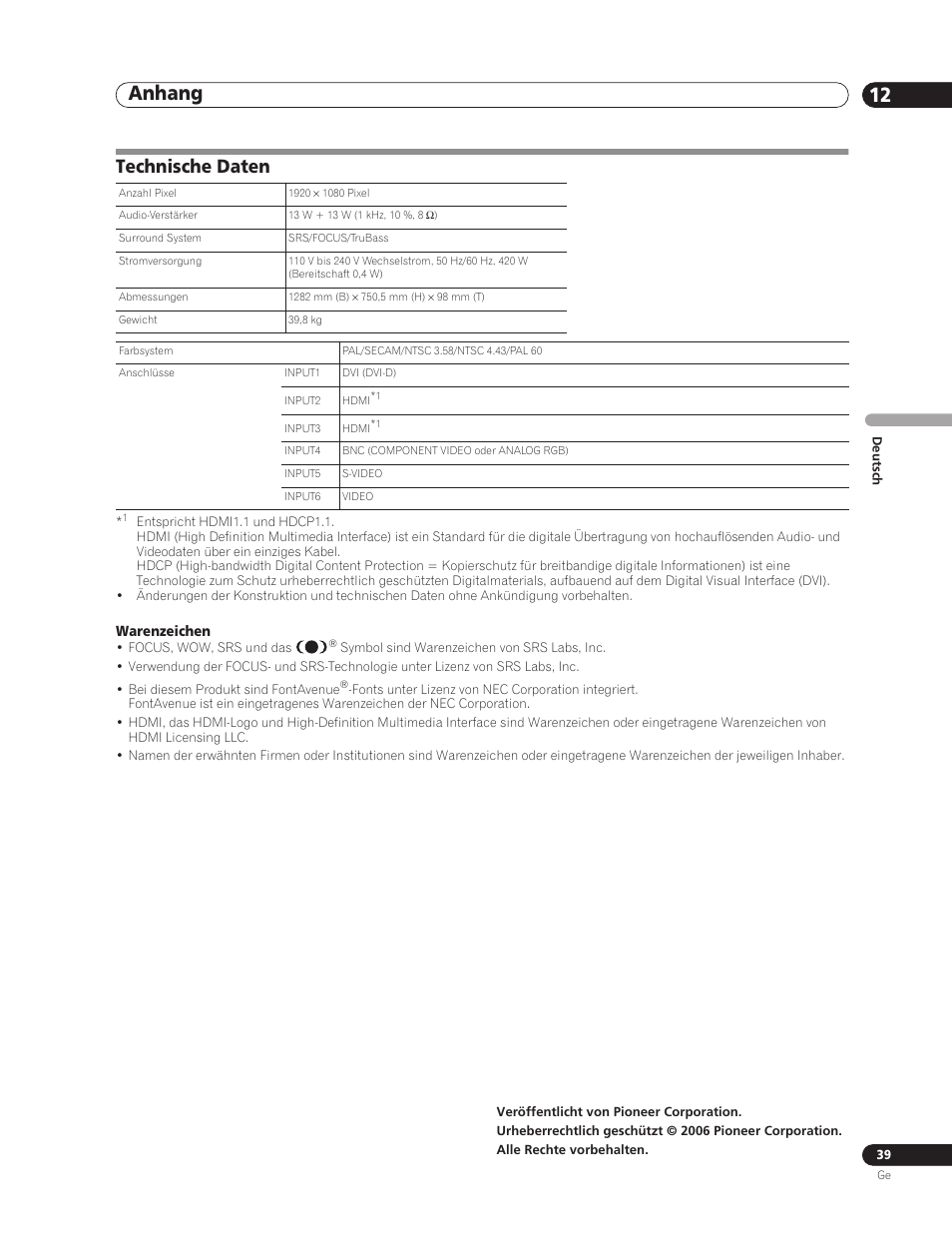 Technische daten, Anhang 12 | Pioneer PDP-5000EX User Manual | Page 115 / 230