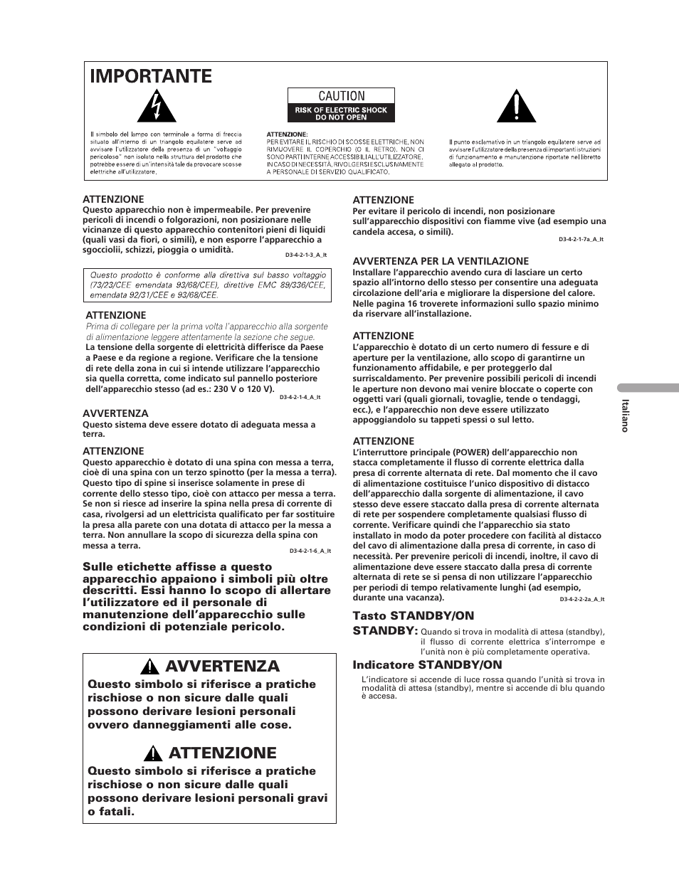 Avvertenza, Attenzione | Pioneer PDP-5000EX User Manual | Page 117 / 230