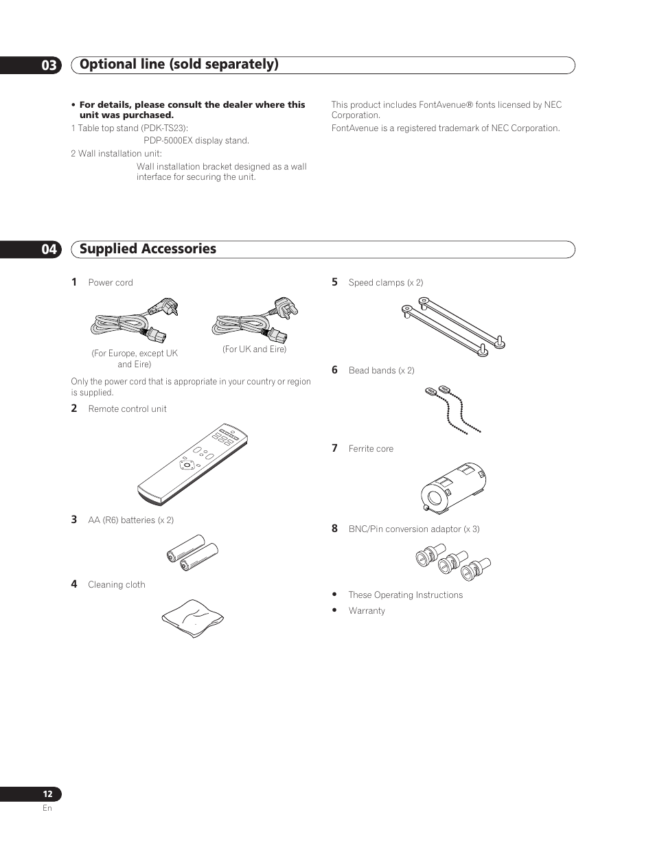 03 optional line (sold separately), 04 supplied accessories, Supplied accessories | Pioneer PDP-5000EX User Manual | Page 12 / 230