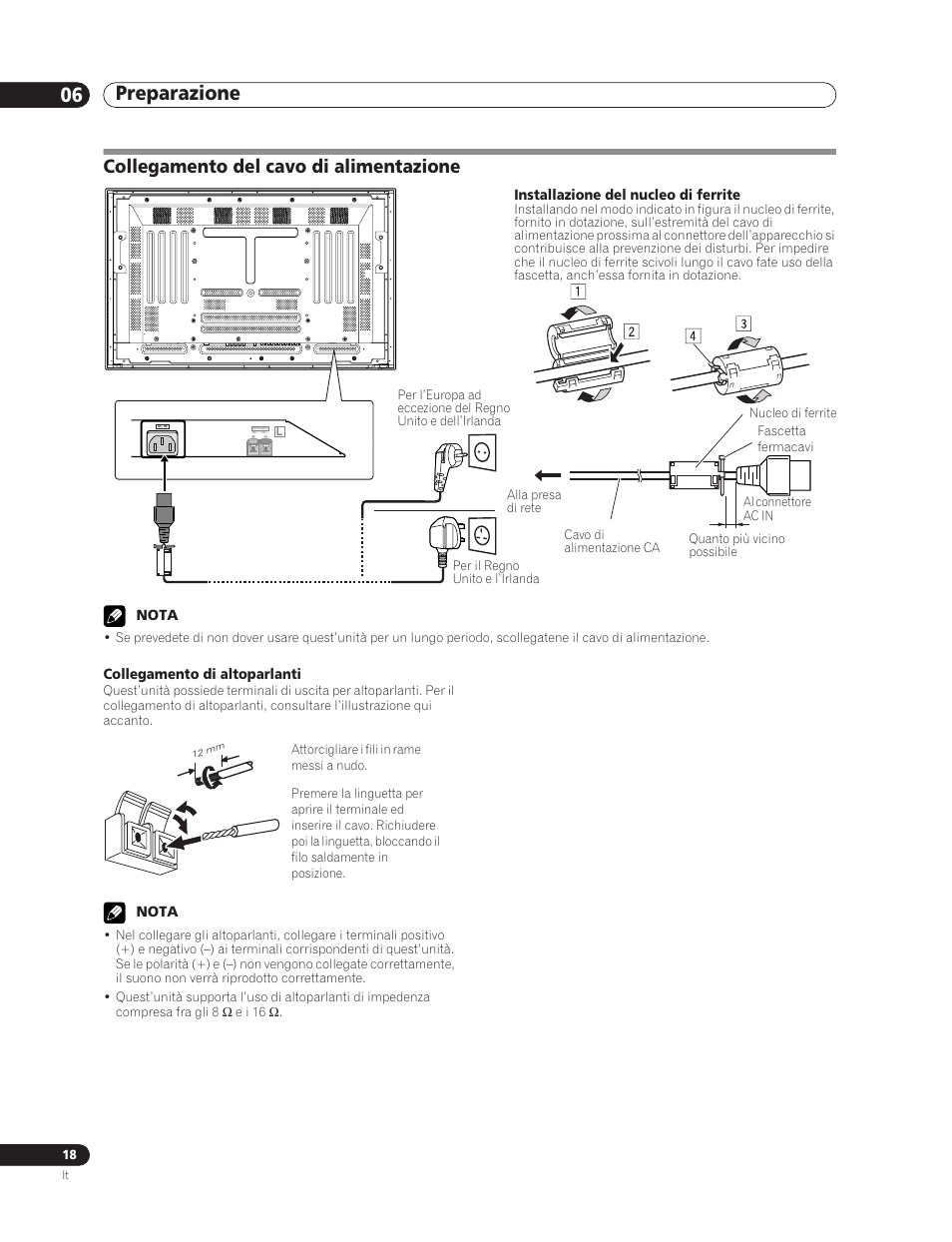 Collegamento del cavo di alimentazione, Preparazione 06 | Pioneer PDP-5000EX User Manual | Page 132 / 230