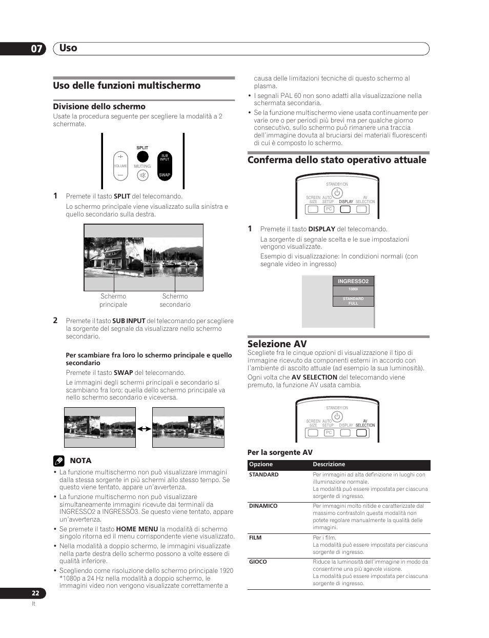 Uso delle funzioni multischermo, Divisione dello schermo, Conferma dello stato operativo attuale | Selezione av, Uso 07 | Pioneer PDP-5000EX User Manual | Page 136 / 230
