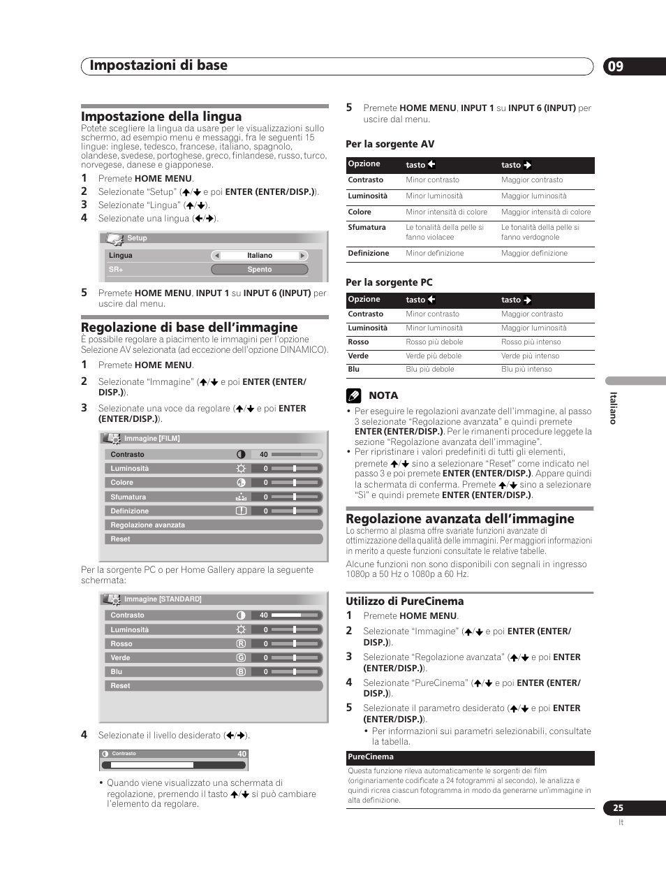 09 impostazioni di base, Utilizzo di purecinema, Impostazioni di base 09 | Impostazioni di base, Impostazione della lingua, Regolazione di base dell’immagine, Regolazione avanzata dell’immagine, Utilizzo di purecinema 1 | Pioneer PDP-5000EX User Manual | Page 139 / 230