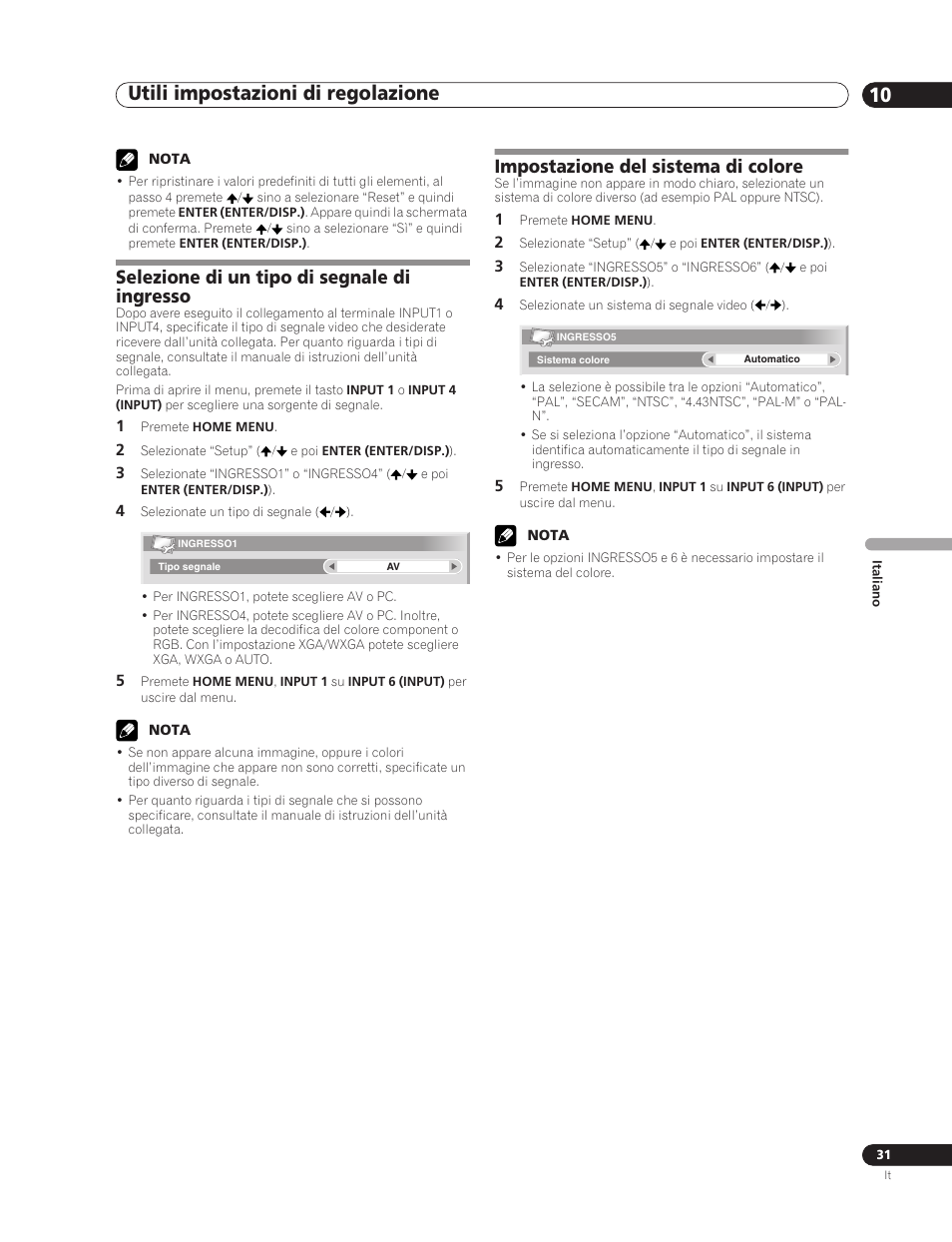 Utili impostazioni di regolazione 10, Selezione di un tipo di segnale di ingresso, Impostazione del sistema di colore | Pioneer PDP-5000EX User Manual | Page 145 / 230