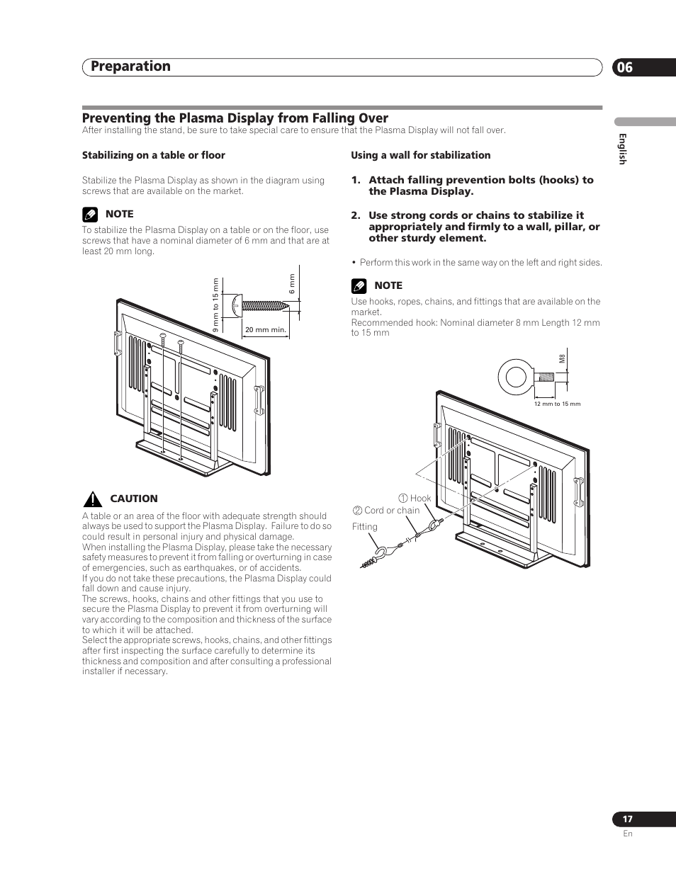 Preventing the plasma display from falling over, Preparation 06 | Pioneer PDP-5000EX User Manual | Page 17 / 230