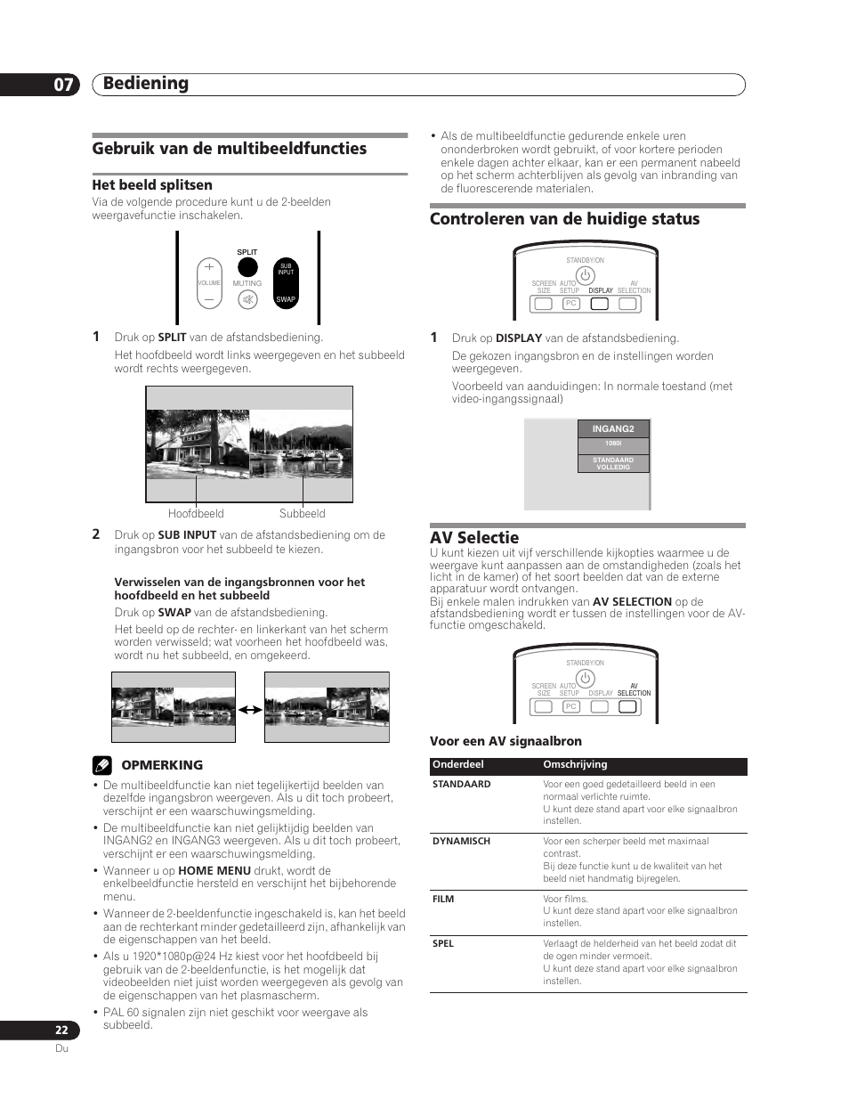 Gebruik van de multibeeldfuncties, Het beeld splitsen, Controleren van de huidige status av selectie | Bediening 07, Controleren van de huidige status, Av selectie | Pioneer PDP-5000EX User Manual | Page 174 / 230