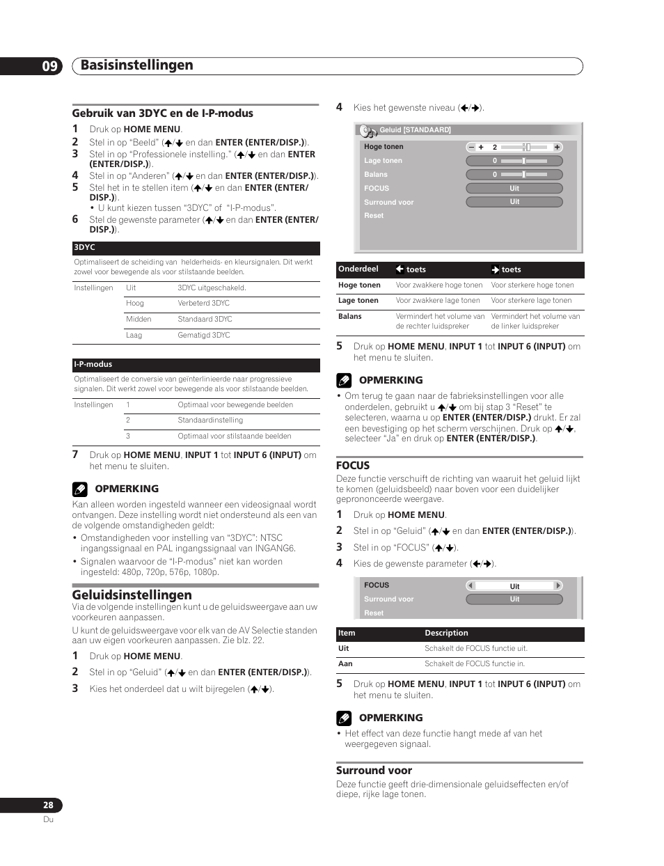 Gebruik van 3dyc en de i-p-modus, Geluidsinstellingen, Focus surround voor | Basisinstellingen 09, Gebruik van 3dyc en de i-p-modus 1, Focus, Surround voor | Pioneer PDP-5000EX User Manual | Page 180 / 230