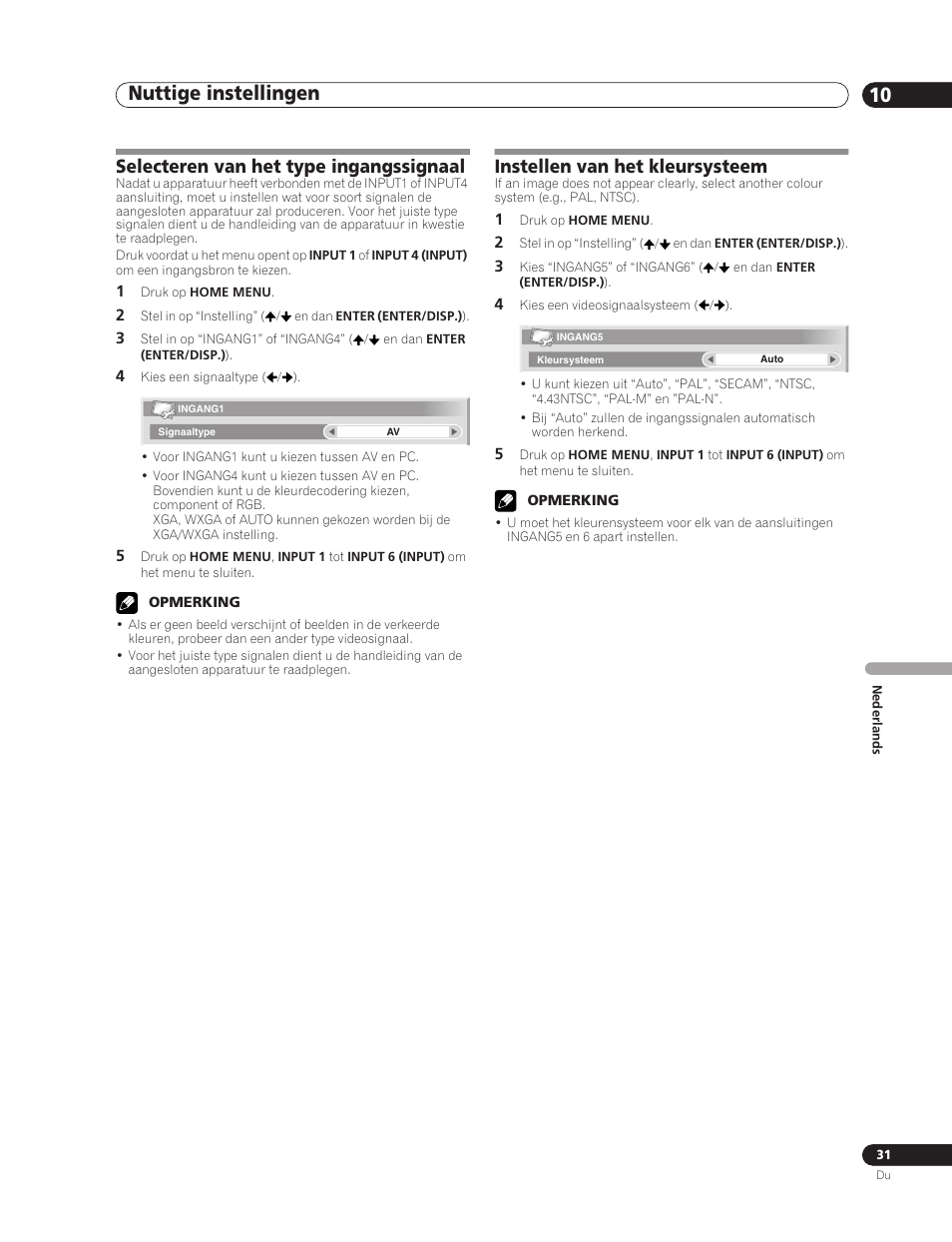Nuttige instellingen 10, Selecteren van het type ingangssignaal, Instellen van het kleursysteem | Pioneer PDP-5000EX User Manual | Page 183 / 230