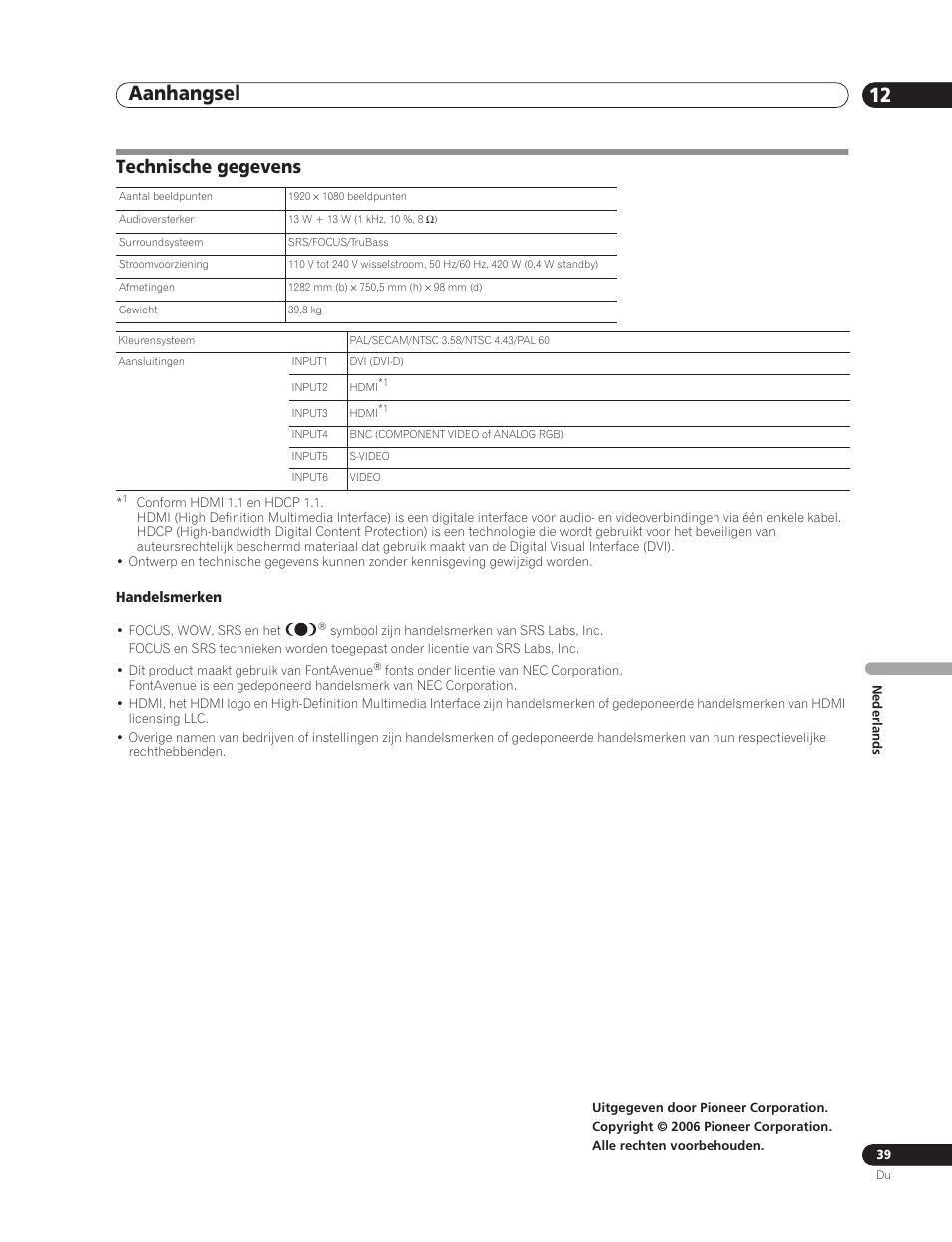 Technische gegevens, Aanhangsel 12 | Pioneer PDP-5000EX User Manual | Page 191 / 230