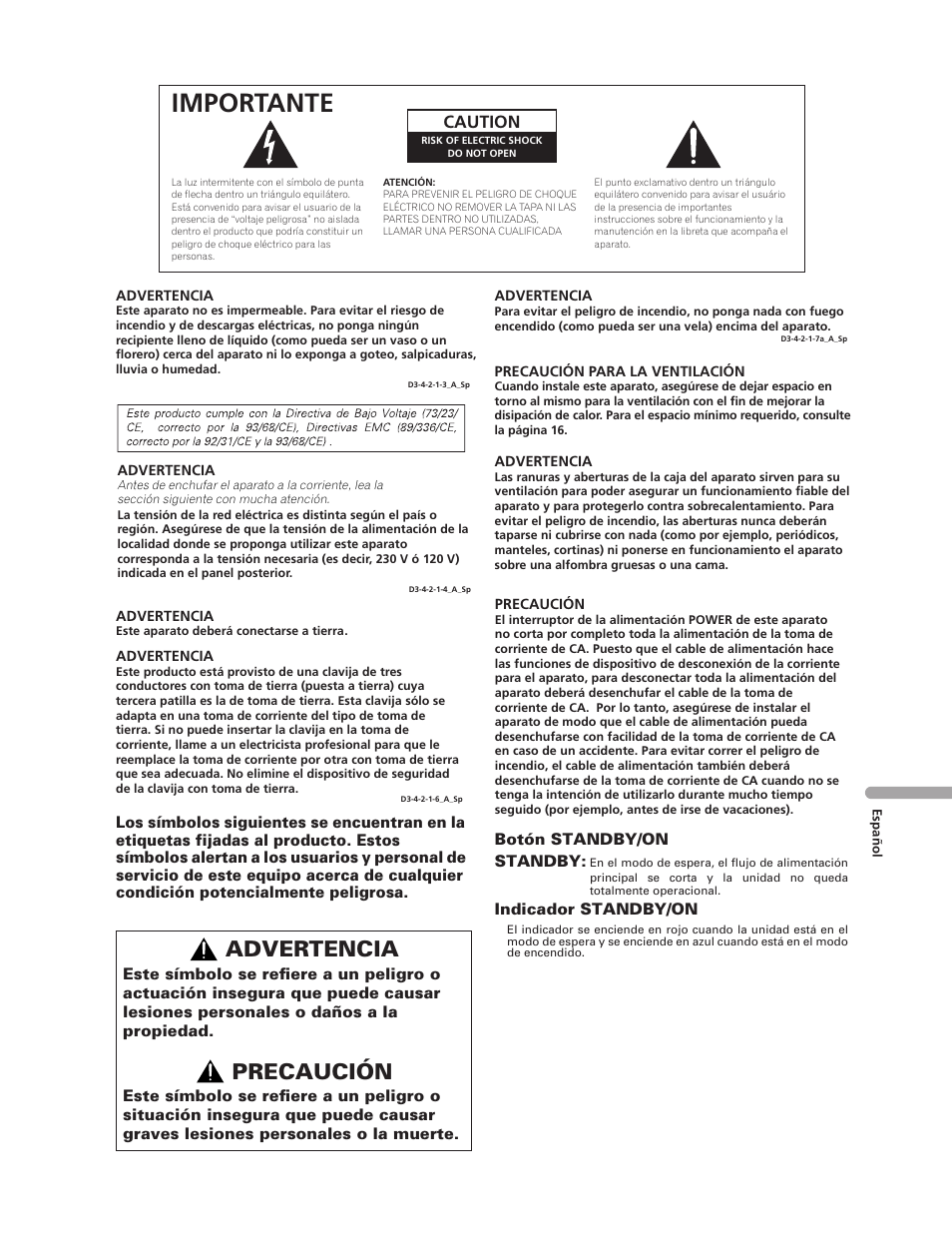 Importante, Advertencia, Precaución | Pioneer PDP-5000EX User Manual | Page 193 / 230