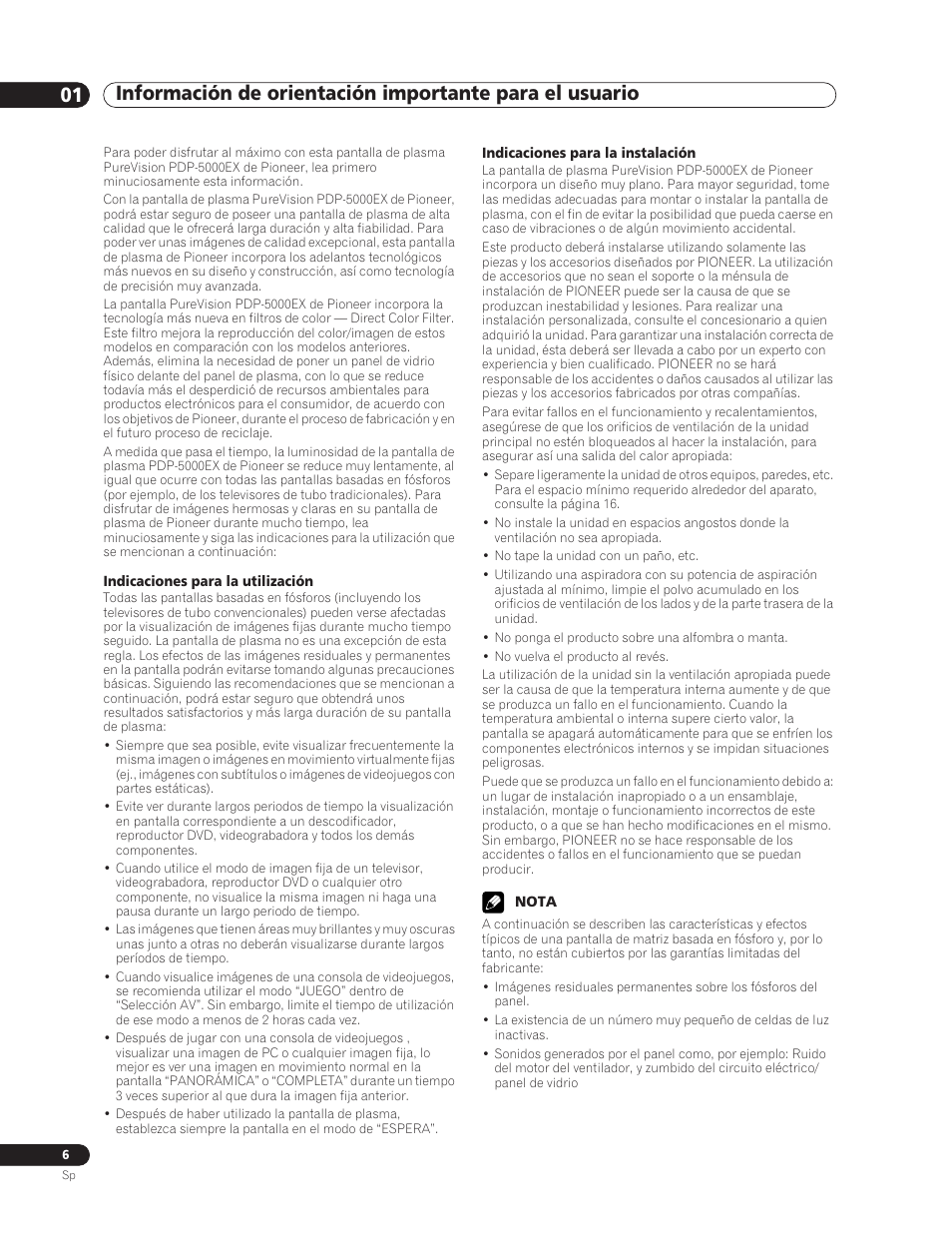 01 información de orientación importante, Para el usuario | Pioneer PDP-5000EX User Manual | Page 196 / 230