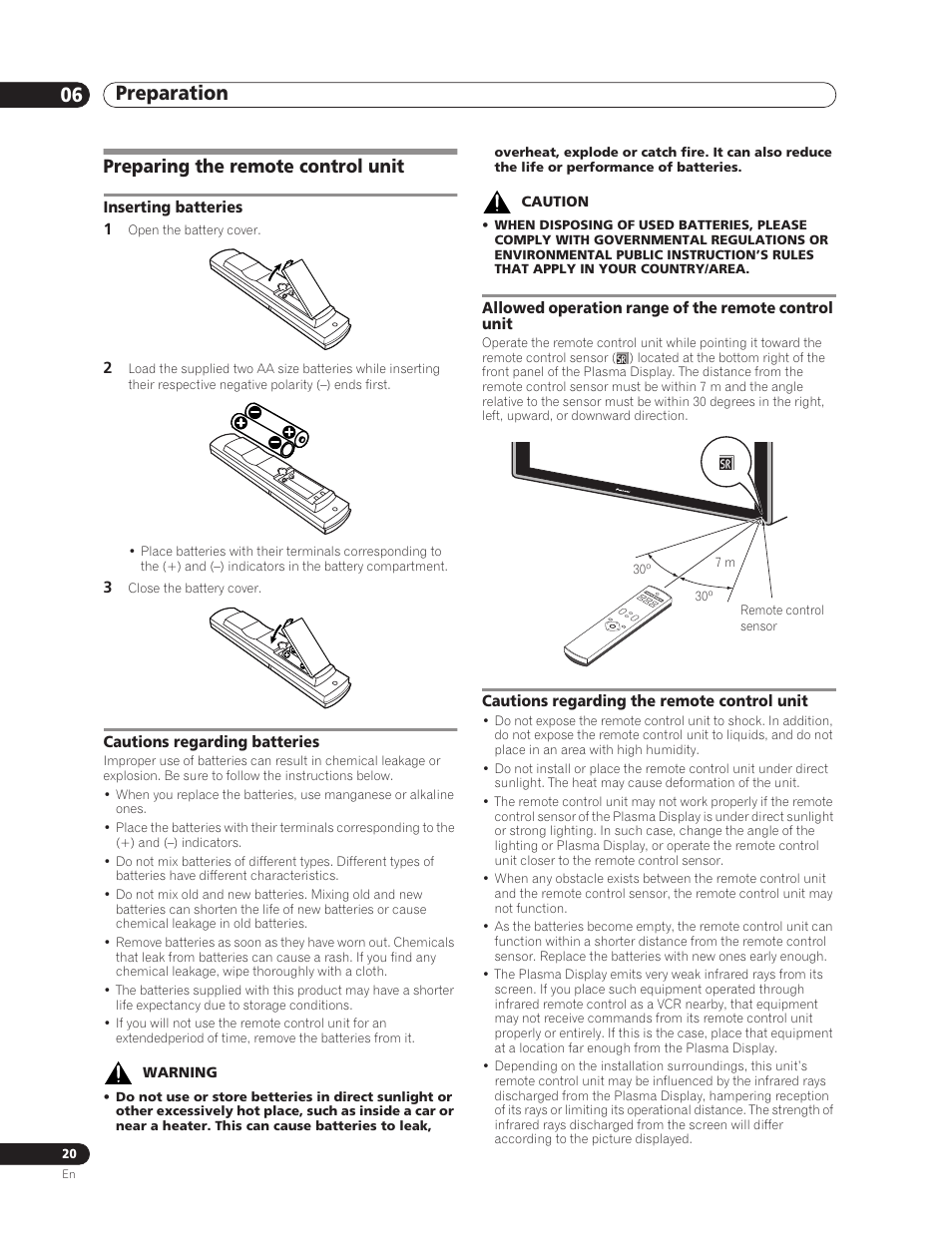 Preparing the remote control unit, Preparation 06 | Pioneer PDP-5000EX User Manual | Page 20 / 230