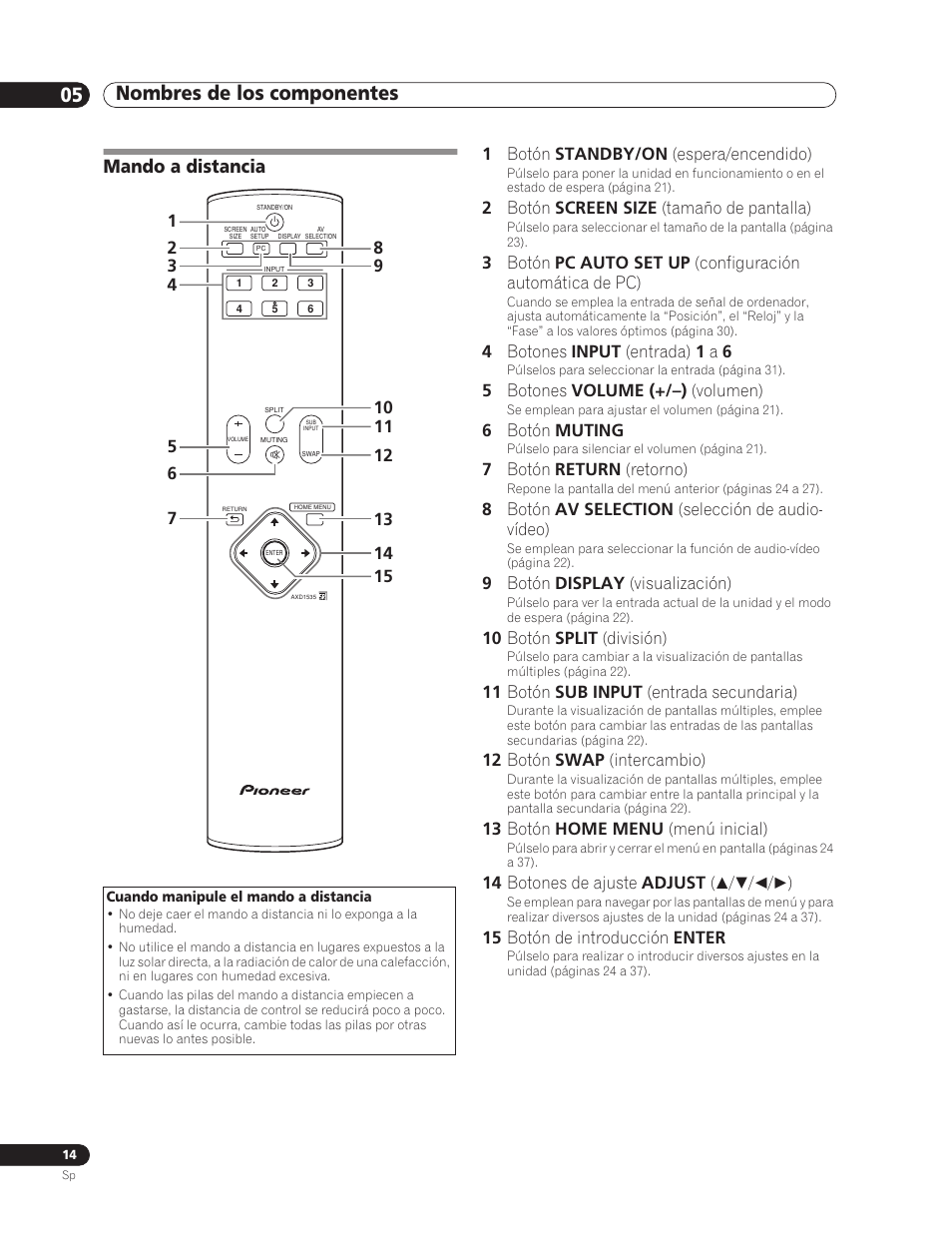 Mando a distancia, Nombres de los componentes 05 | Pioneer PDP-5000EX User Manual | Page 204 / 230