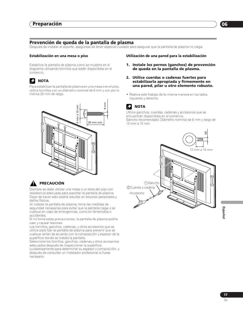 Prevención de queda de la pantalla de plasma, Preparación 06 | Pioneer PDP-5000EX User Manual | Page 207 / 230