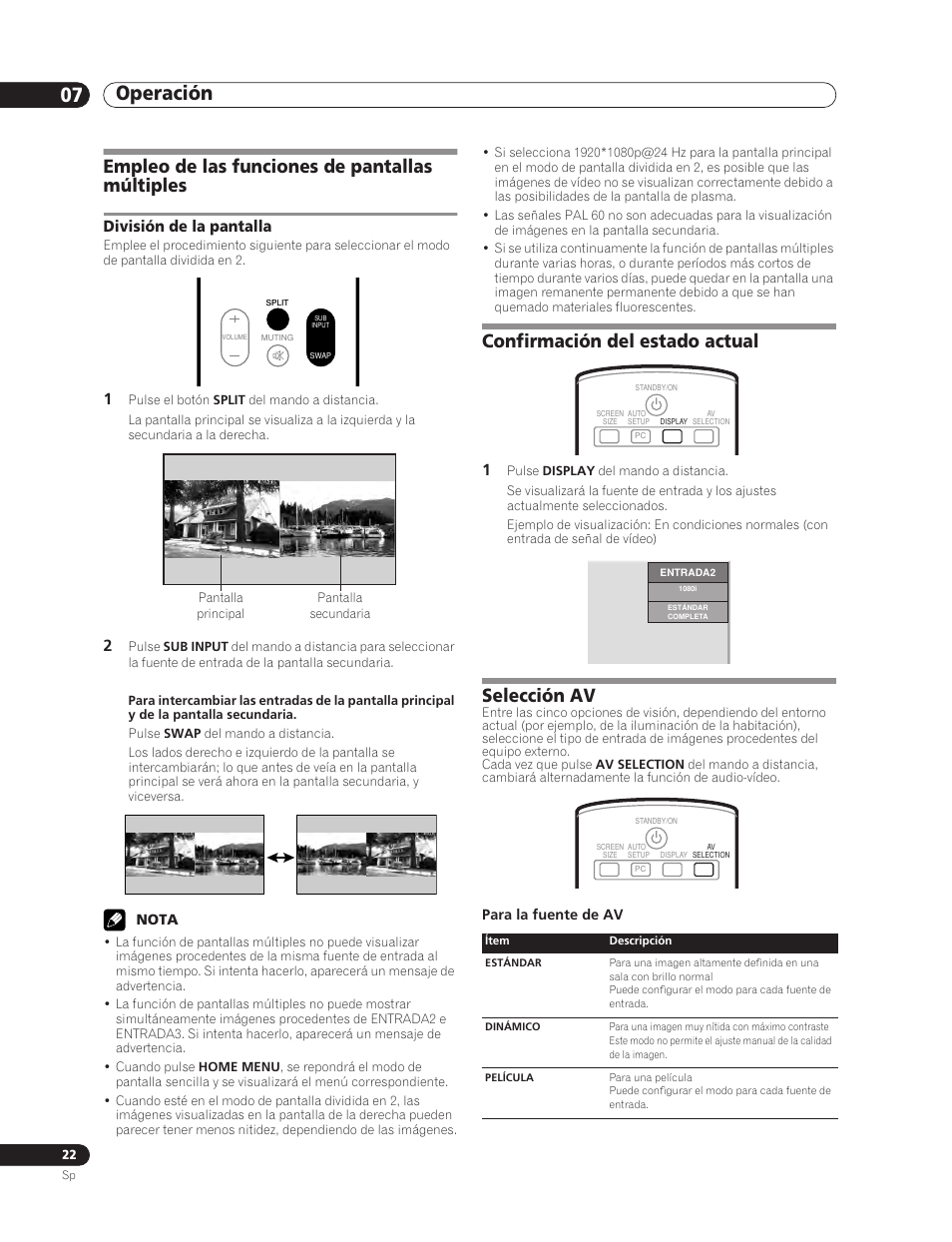 Empleo de las funciones de pantallas múltiples, División de la pantalla, Confirmación del estado actual selección av | Operación 07, Confirmación del estado actual, Selección av | Pioneer PDP-5000EX User Manual | Page 212 / 230