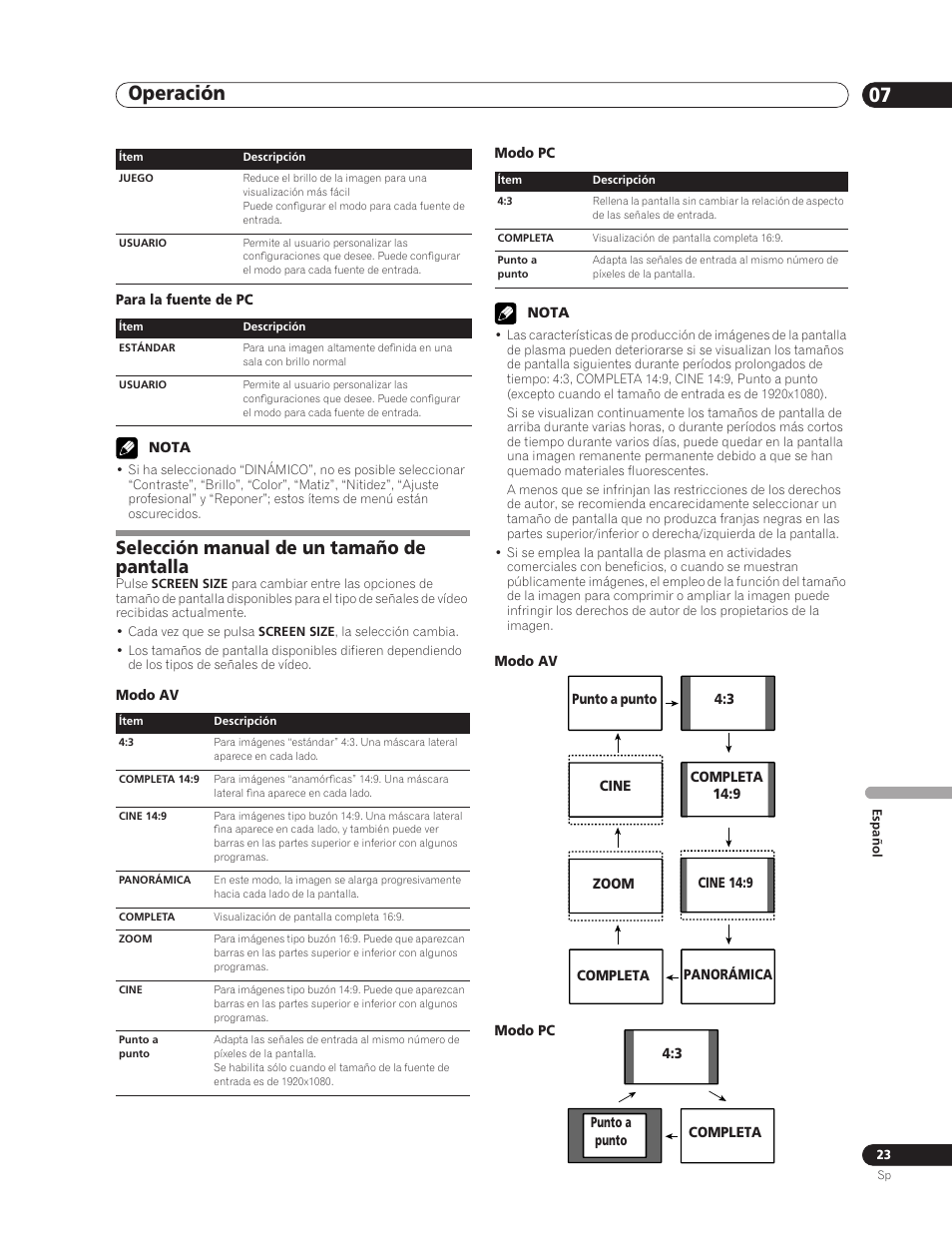 Selección manual de un tamaño de pantalla, Operación 07 | Pioneer PDP-5000EX User Manual | Page 213 / 230