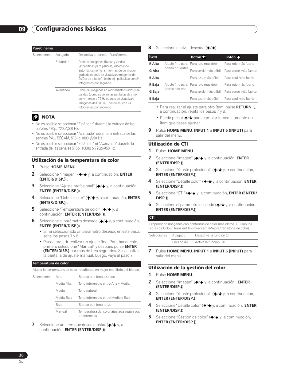 Configuraciones básicas 09, Utilización de la temperatura de color 1, Utilización de cti 1 | Utilización de la gestión del color 1 | Pioneer PDP-5000EX User Manual | Page 216 / 230