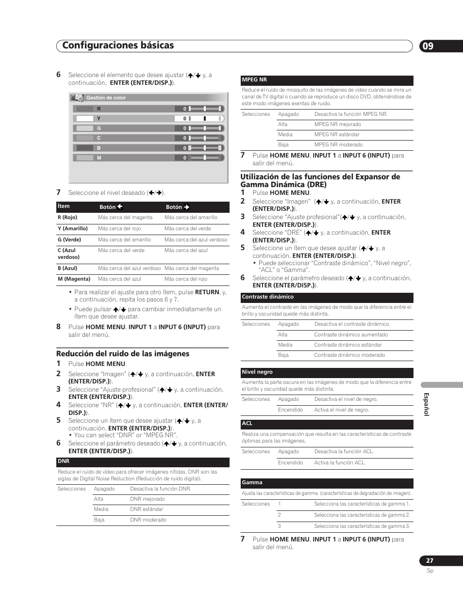 Reducción del ruido de las imágenes, Configuraciones básicas 09, Reducción del ruido de las imágenes 1 | Pioneer PDP-5000EX User Manual | Page 217 / 230