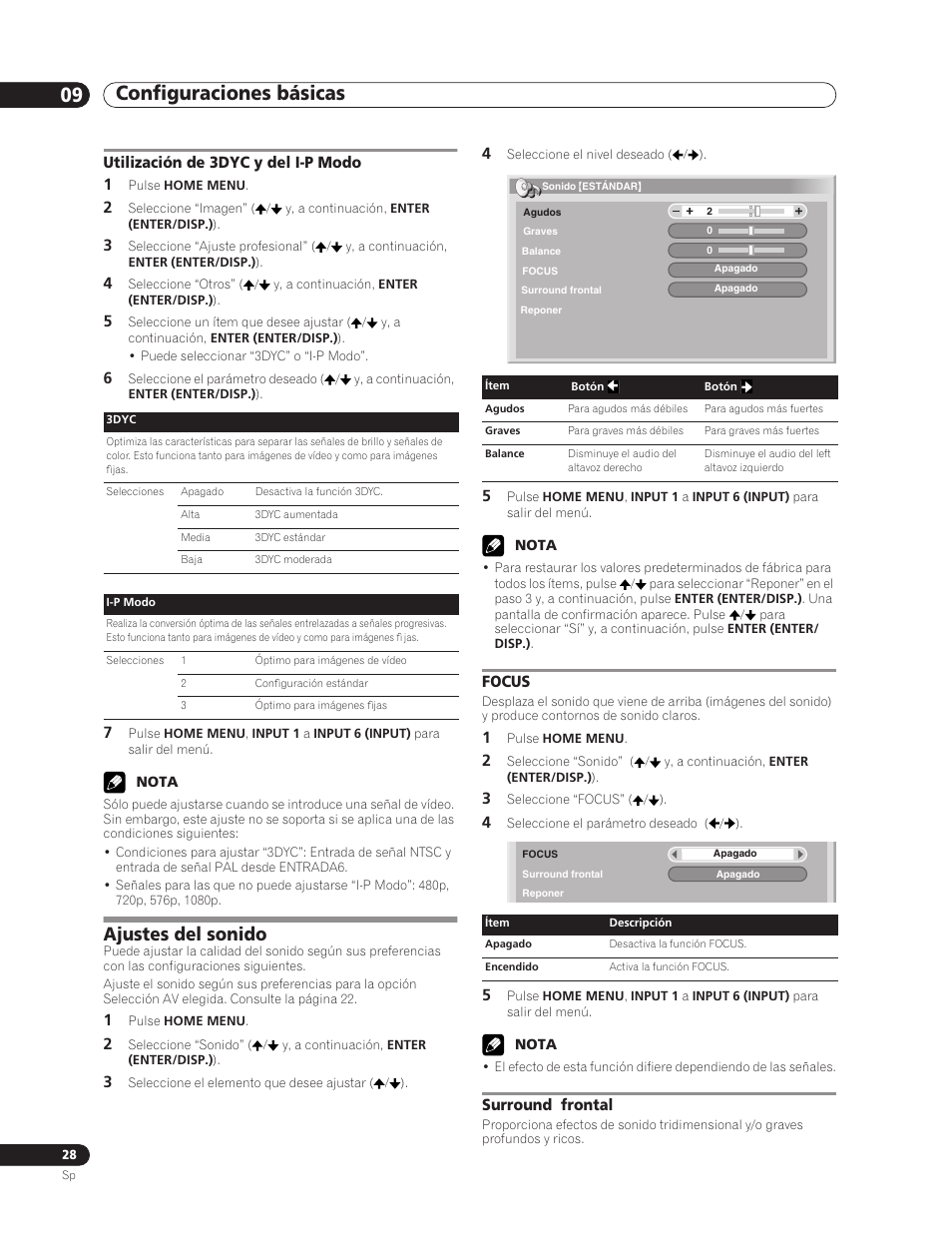 Utilización de 3dyc y del i-p modo, Ajustes del sonido, Focus surround frontal | Configuraciones básicas 09, Utilización de 3dyc y del i-p modo 1, Focus, Surround frontal | Pioneer PDP-5000EX User Manual | Page 218 / 230