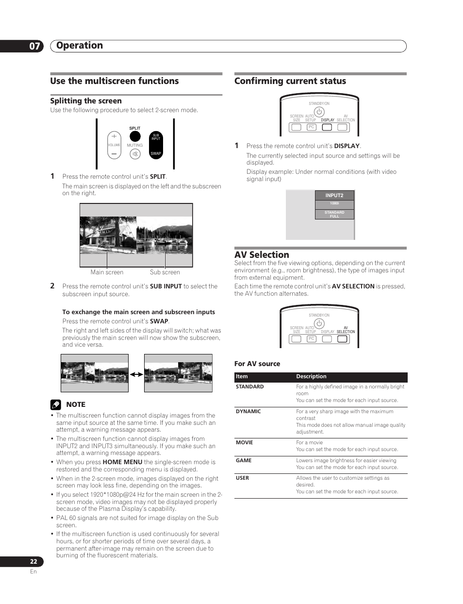 Use the multiscreen functions, Splitting the screen, Confirming current status av selection | Operation 07, Confirming current status, Av selection | Pioneer PDP-5000EX User Manual | Page 22 / 230