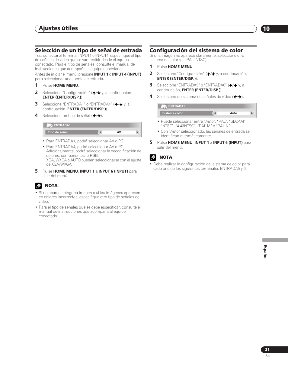 Ajustes útiles 10, Selección de un tipo de señal de entrada, Configuración del sistema de color | Pioneer PDP-5000EX User Manual | Page 221 / 230