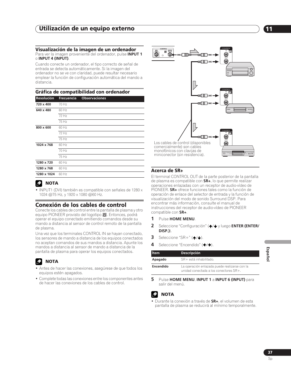 Conexión de los cables de control, Acerca de sr, Utilización de un equipo externo 11 | Visualización de la imagen de un ordenador, Gráfica de compatibilidad con ordenador | Pioneer PDP-5000EX User Manual | Page 227 / 230