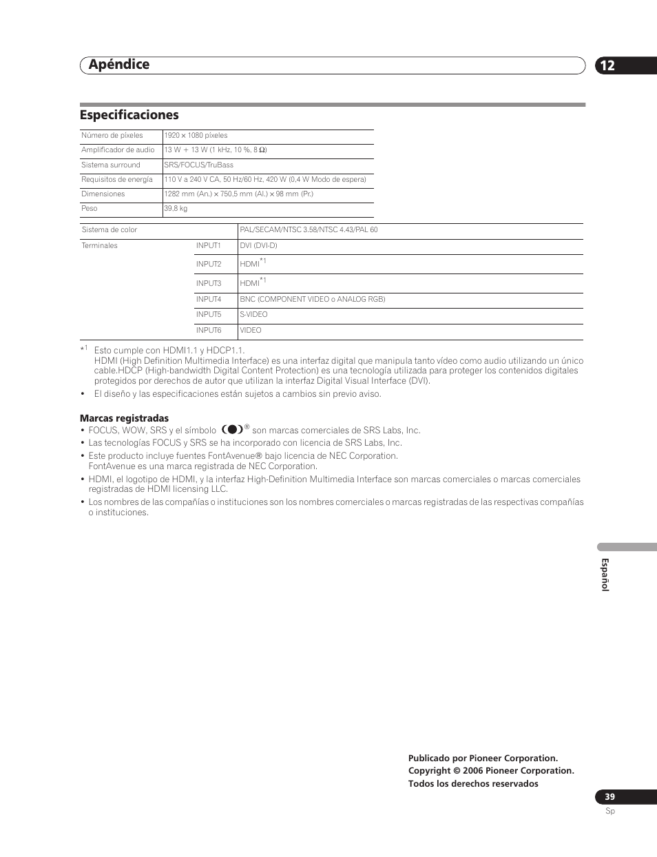 Especificaciones, Apéndice 12 | Pioneer PDP-5000EX User Manual | Page 229 / 230