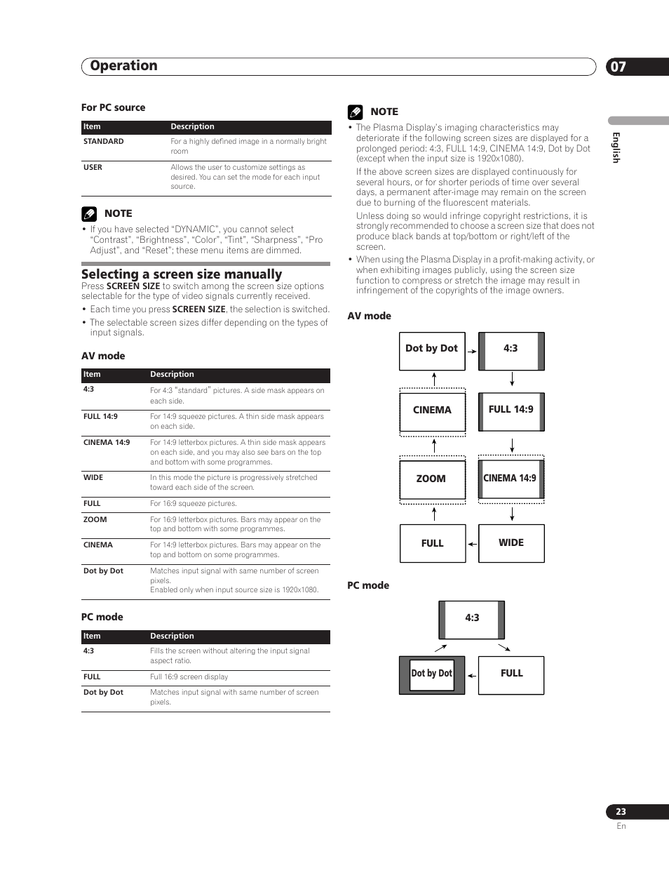 Selecting a screen size manually, Operation 07 | Pioneer PDP-5000EX User Manual | Page 23 / 230