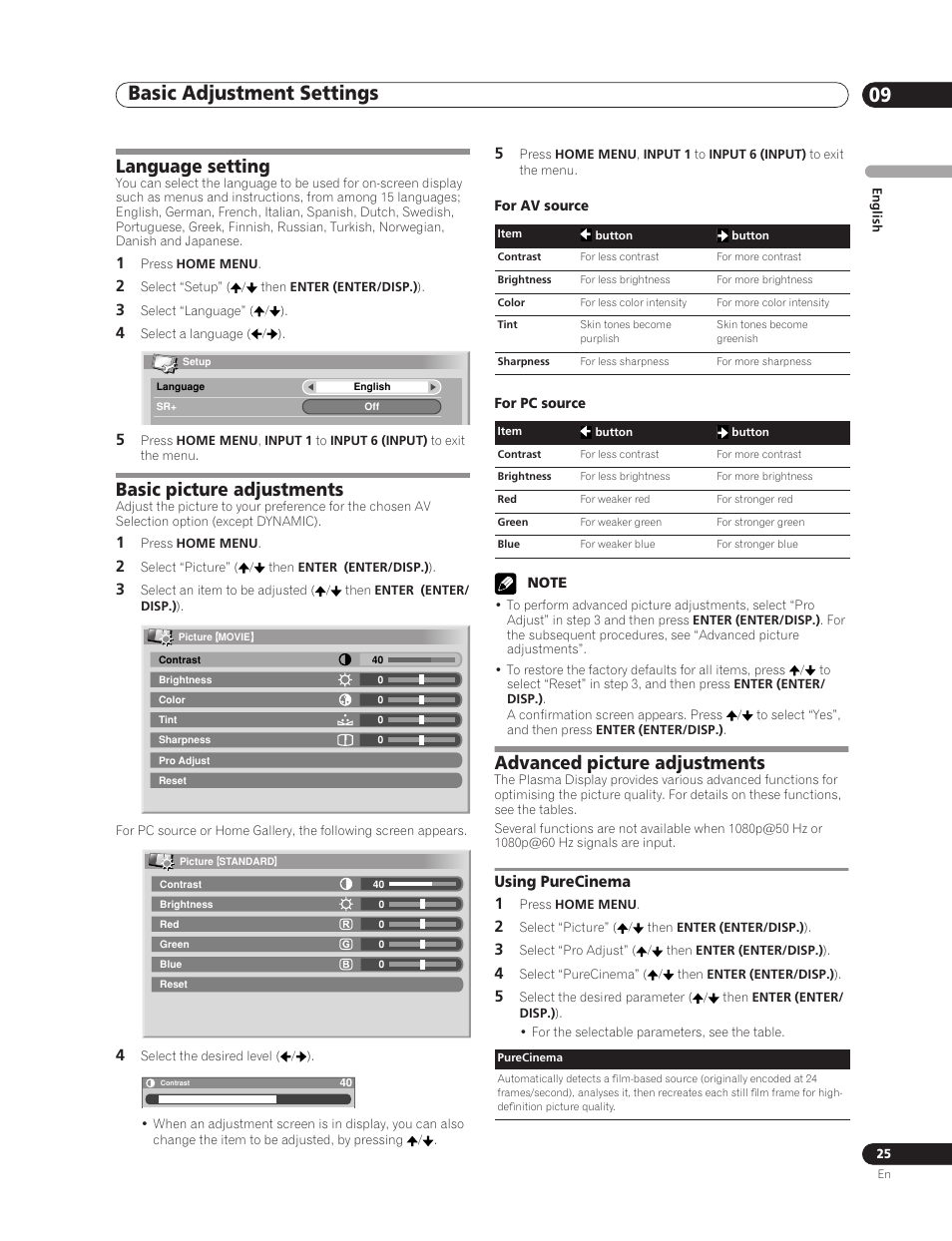 09 basic adjustment settings, Using purecinema, Basic adjustment settings 09 | Basic adjustment settings, Language setting, Basic picture adjustments, Advanced picture adjustments, Using purecinema 1 | Pioneer PDP-5000EX User Manual | Page 25 / 230