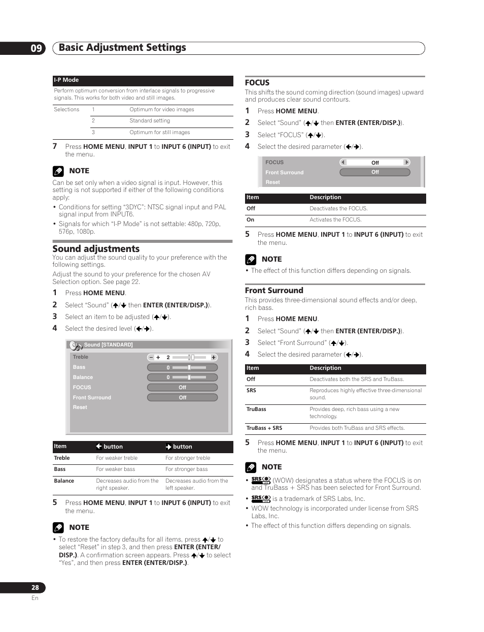 Sound adjustments, Focus front surround, Basic adjustment settings 09 | Focus, Front surround | Pioneer PDP-5000EX User Manual | Page 28 / 230