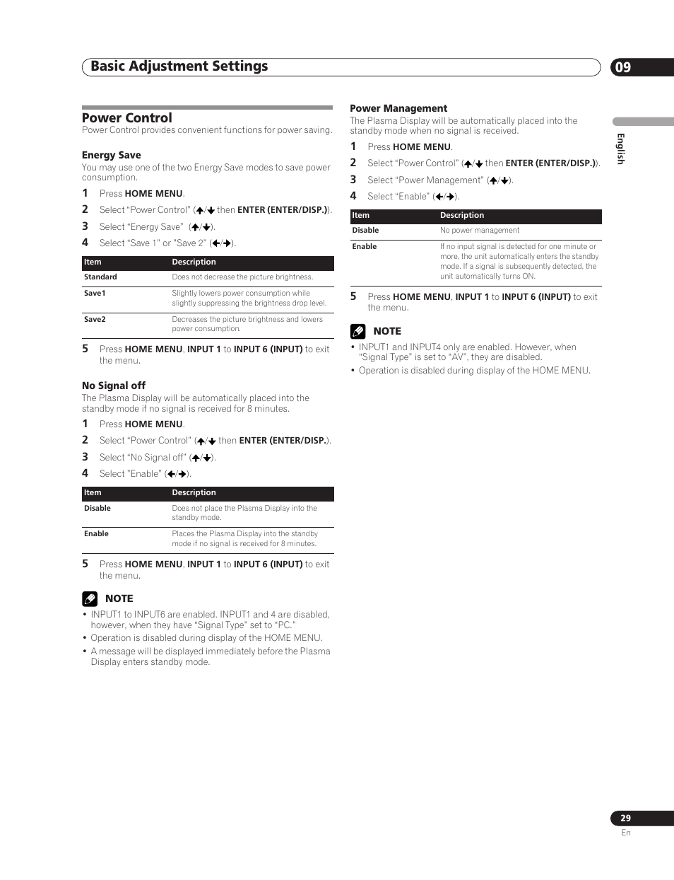 Power control, Basic adjustment settings 09 | Pioneer PDP-5000EX User Manual | Page 29 / 230