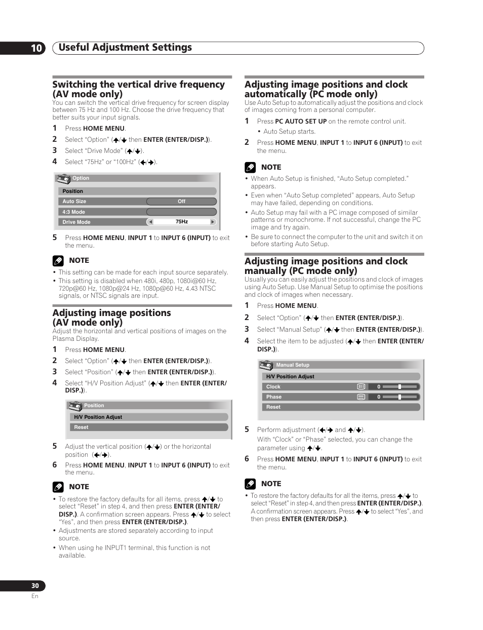10 useful adjustment settings, Adjusting image positions (av mode only) | Pioneer PDP-5000EX User Manual | Page 30 / 230