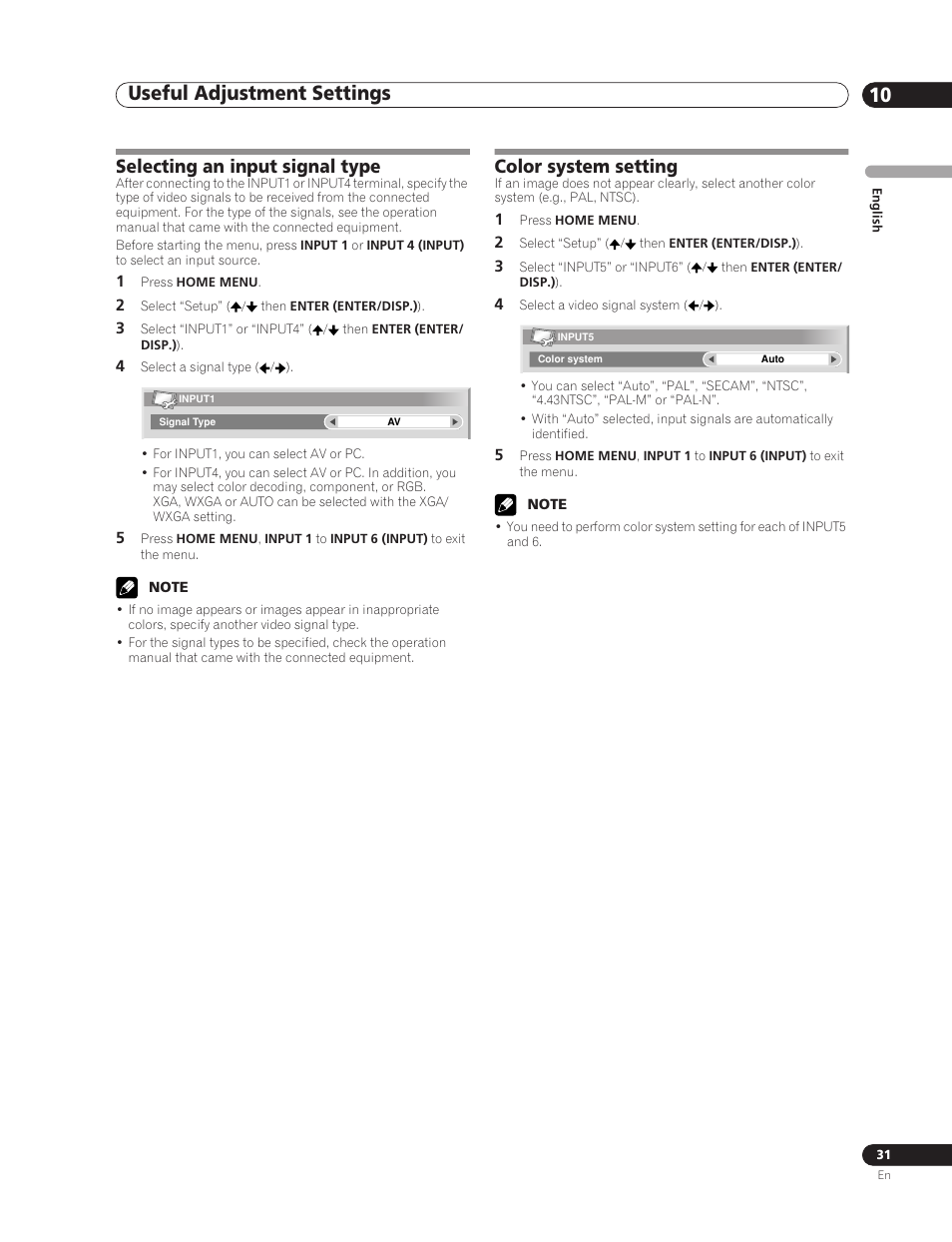 Useful adjustment settings 10, Selecting an input signal type, Color system setting | Pioneer PDP-5000EX User Manual | Page 31 / 230