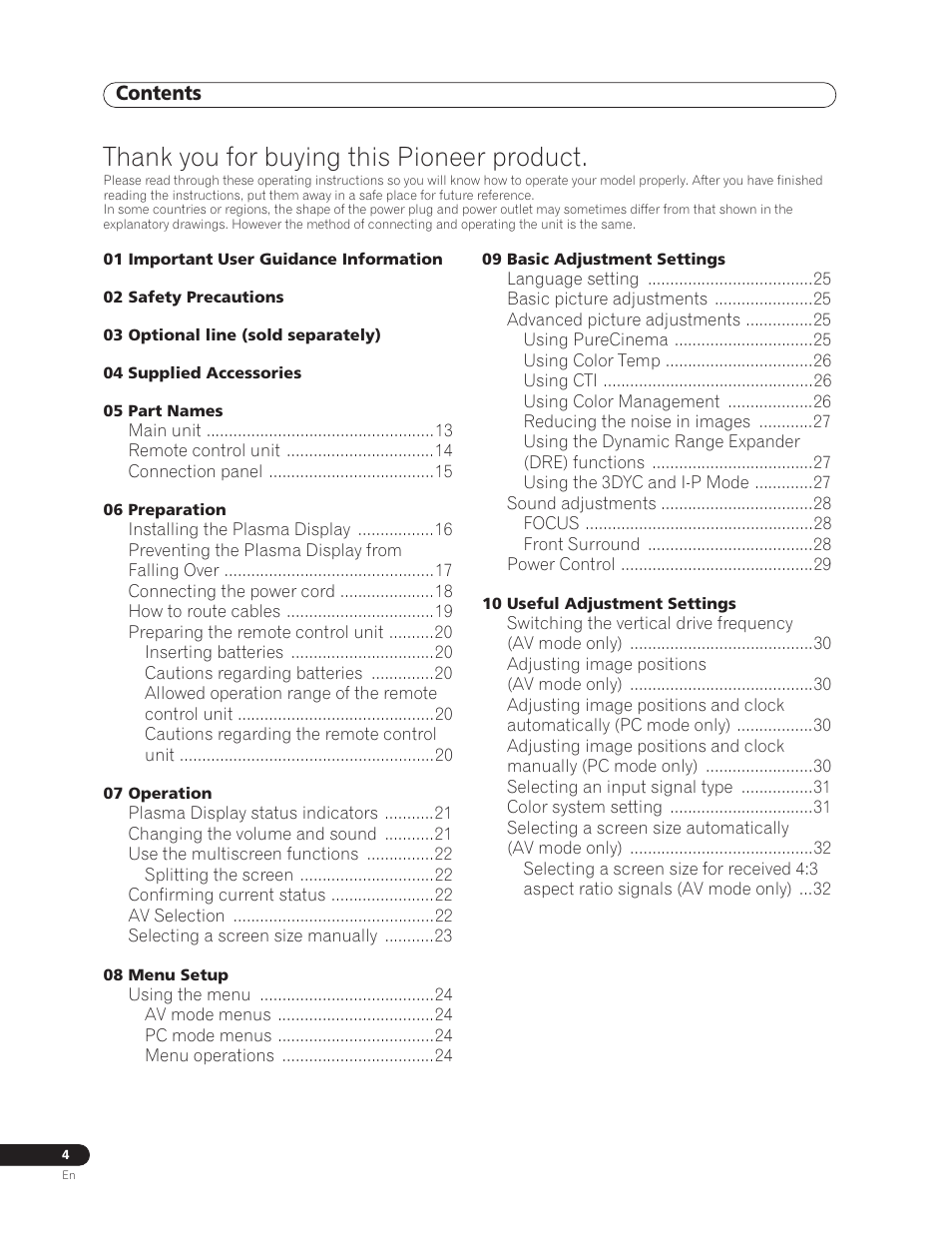 Operating instructions, Pdp-5000ex | Pioneer PDP-5000EX User Manual | Page 4 / 230