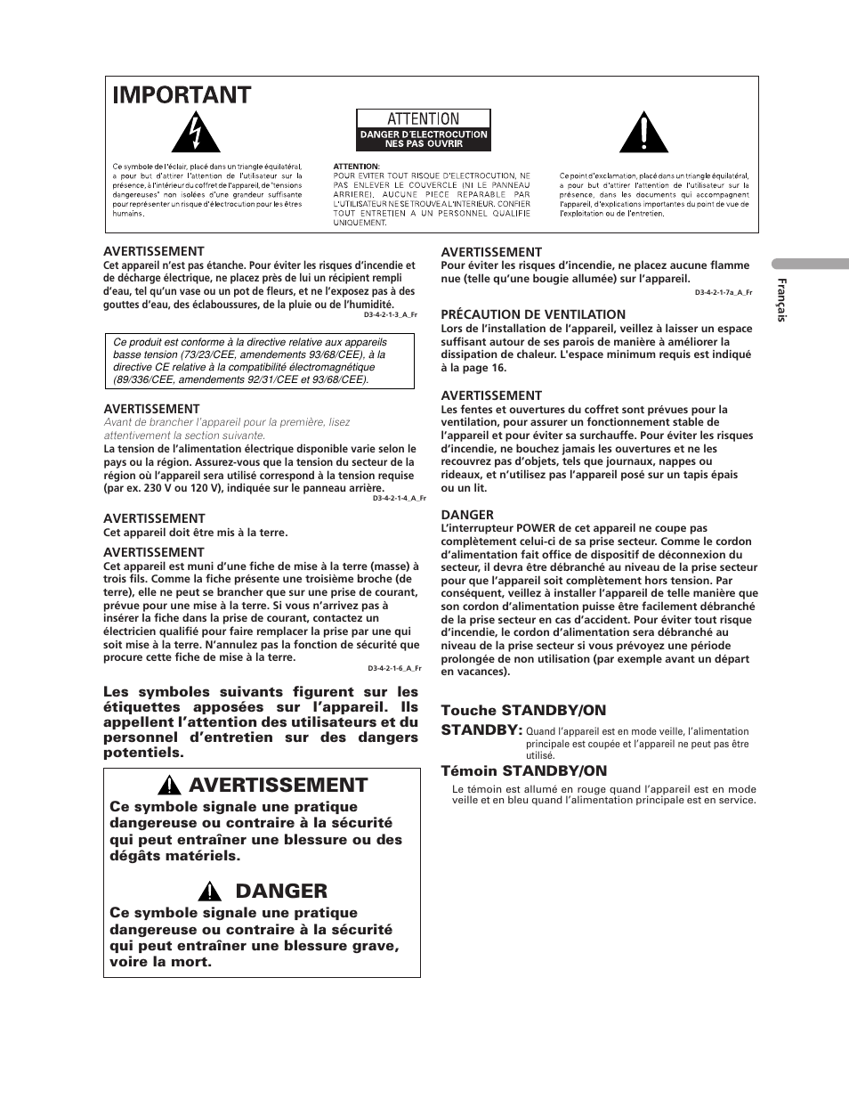 Avertissement, Danger | Pioneer PDP-5000EX User Manual | Page 41 / 230