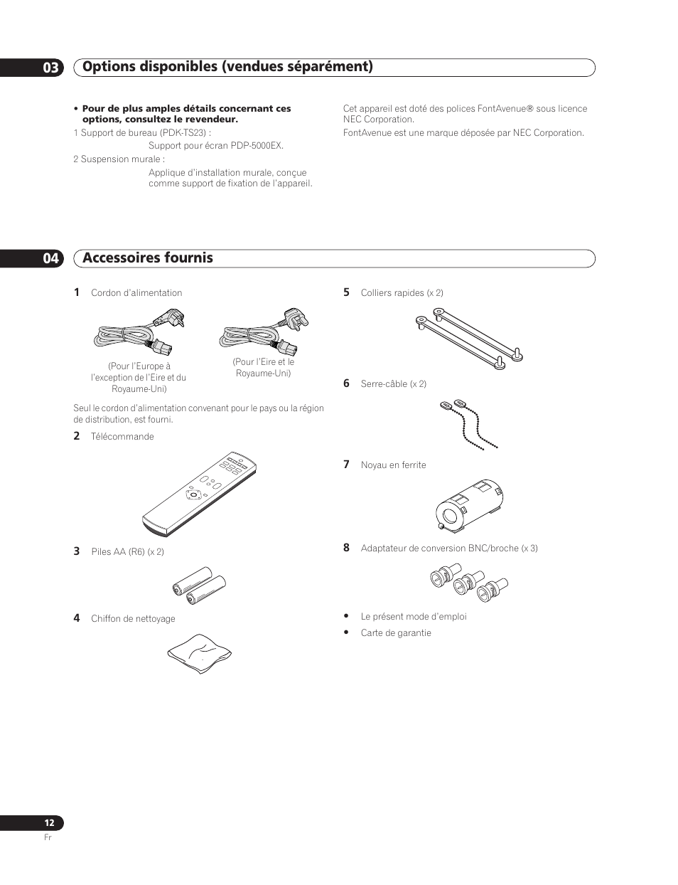 03 options disponibles (vendues, Séparément), 04 accessoires fournis | Accessoires fournis | Pioneer PDP-5000EX User Manual | Page 50 / 230