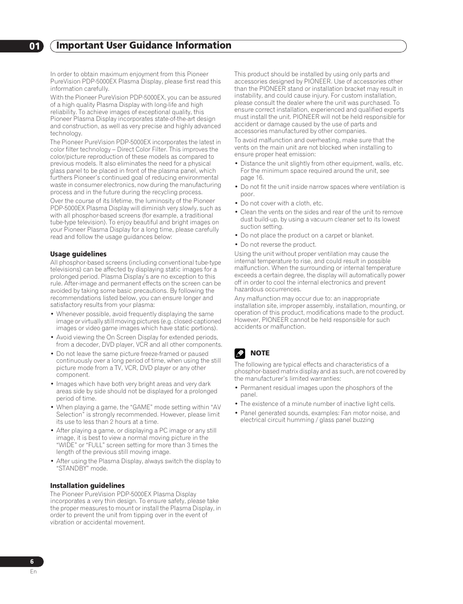01 important user guidance information | Pioneer PDP-5000EX User Manual | Page 6 / 230