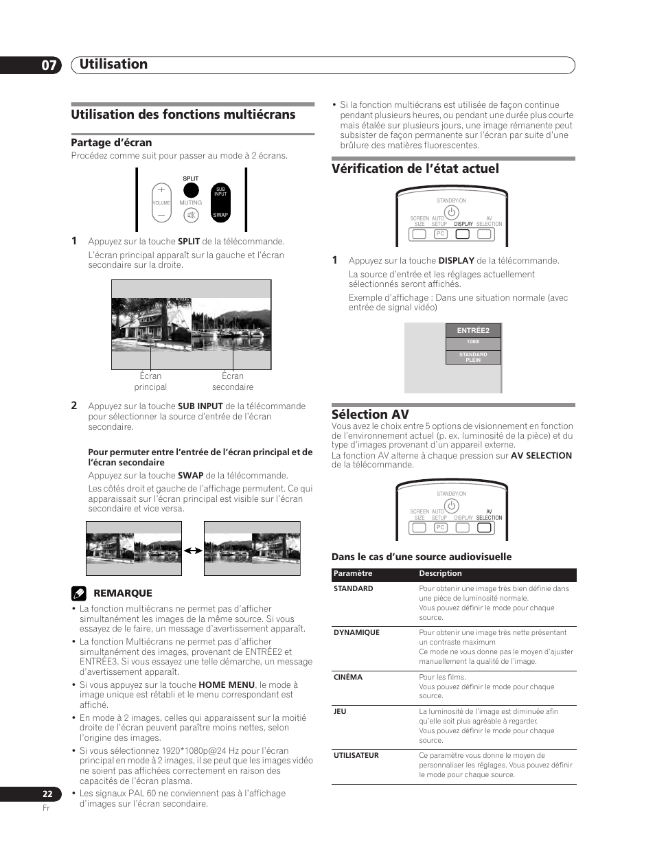 Utilisation des fonctions multiécrans, Partage d’écran, Vérification de l’état actuel sélection av | Utilisation 07, Vérification de l’état actuel, Sélection av | Pioneer PDP-5000EX User Manual | Page 60 / 230