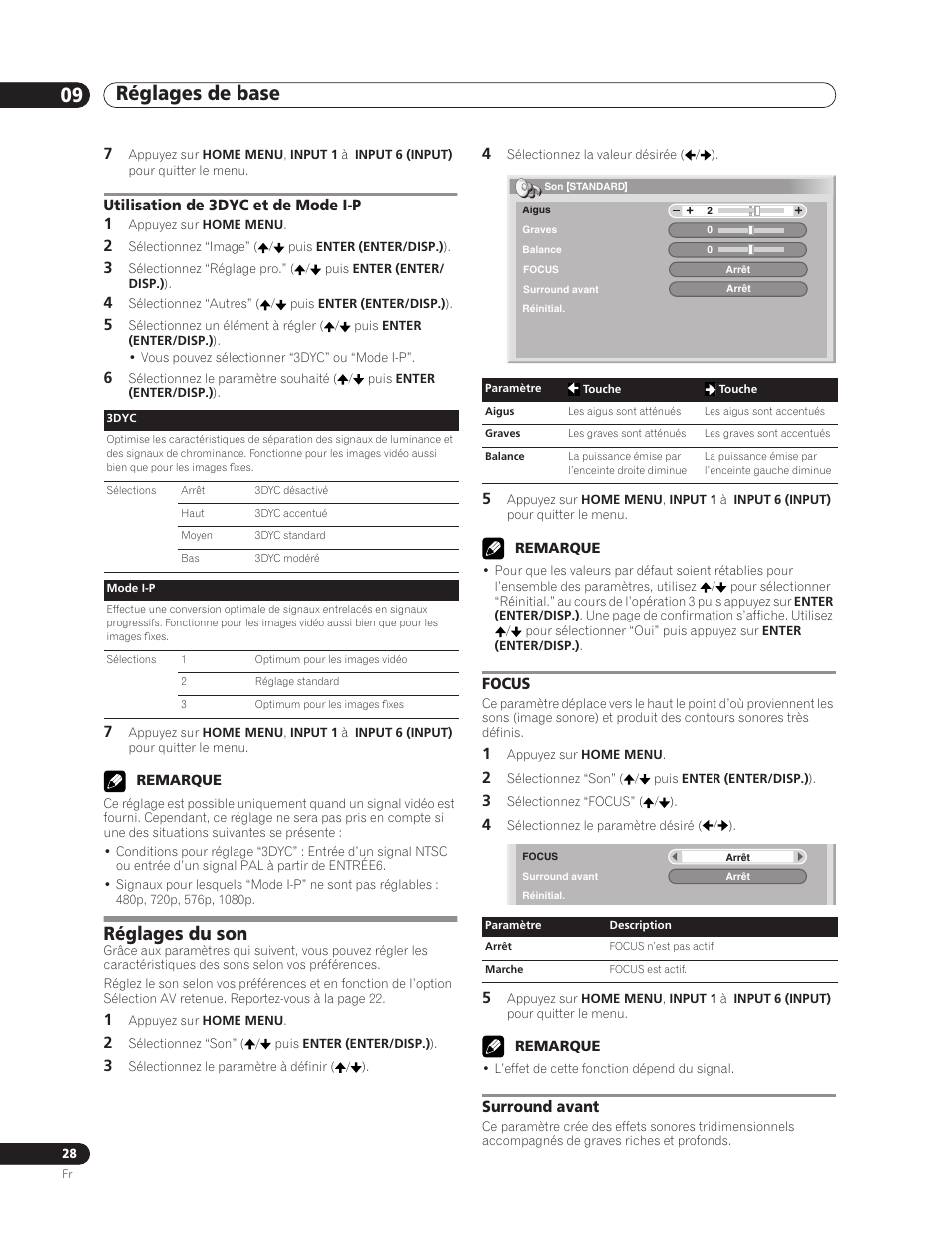 Utilisation de 3dyc et de mode i-p, Réglages du son, Focus surround avant | Réglages de base 09, Utilisation de 3dyc et de mode i-p 1, Focus, Surround avant | Pioneer PDP-5000EX User Manual | Page 66 / 230