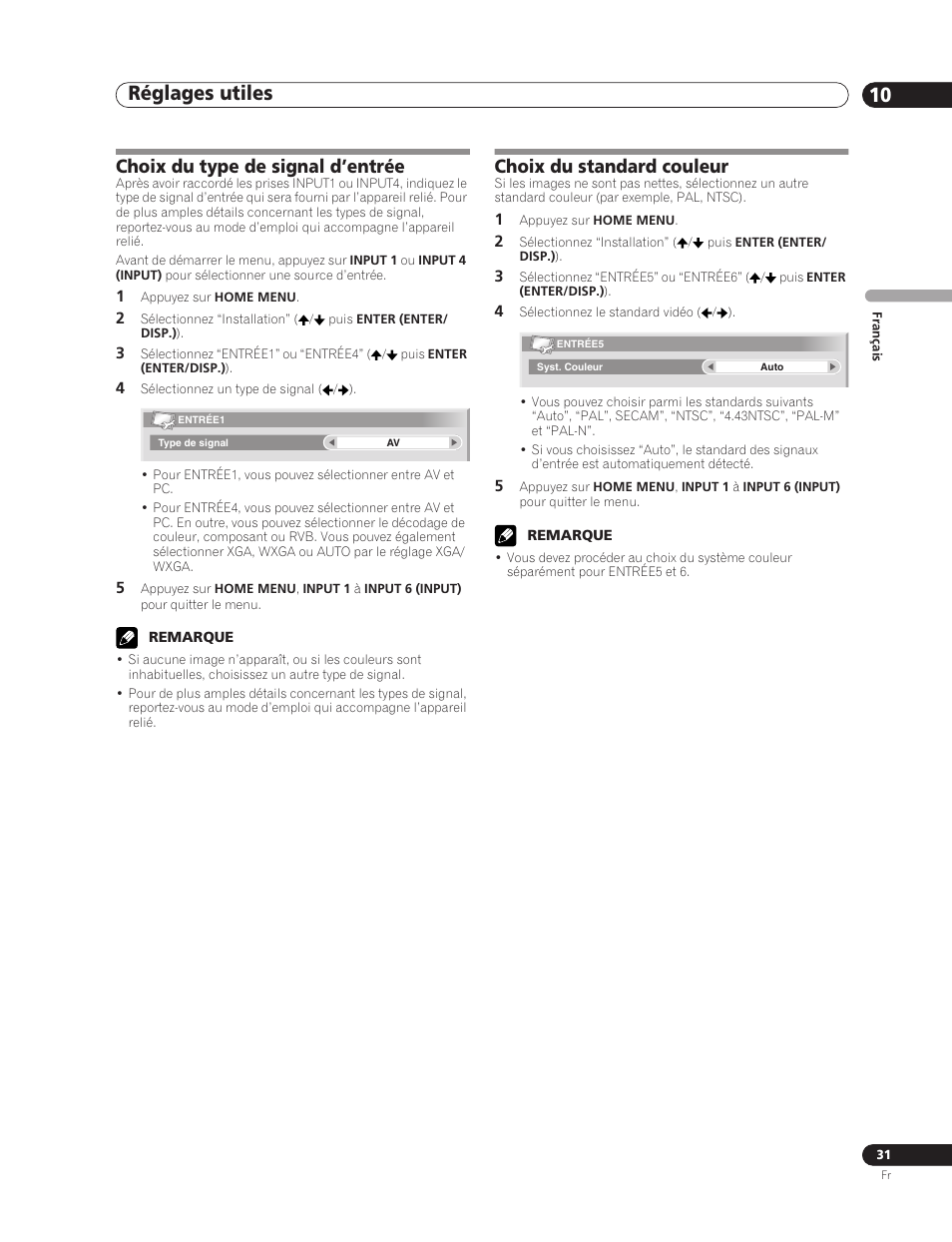Réglages utiles 10, Choix du type de signal d’entrée, Choix du standard couleur | Pioneer PDP-5000EX User Manual | Page 69 / 230