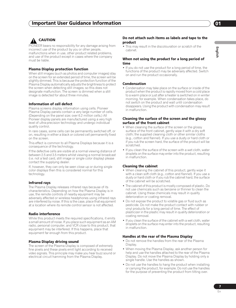 Important user guidance information 01 | Pioneer PDP-5000EX User Manual | Page 7 / 230