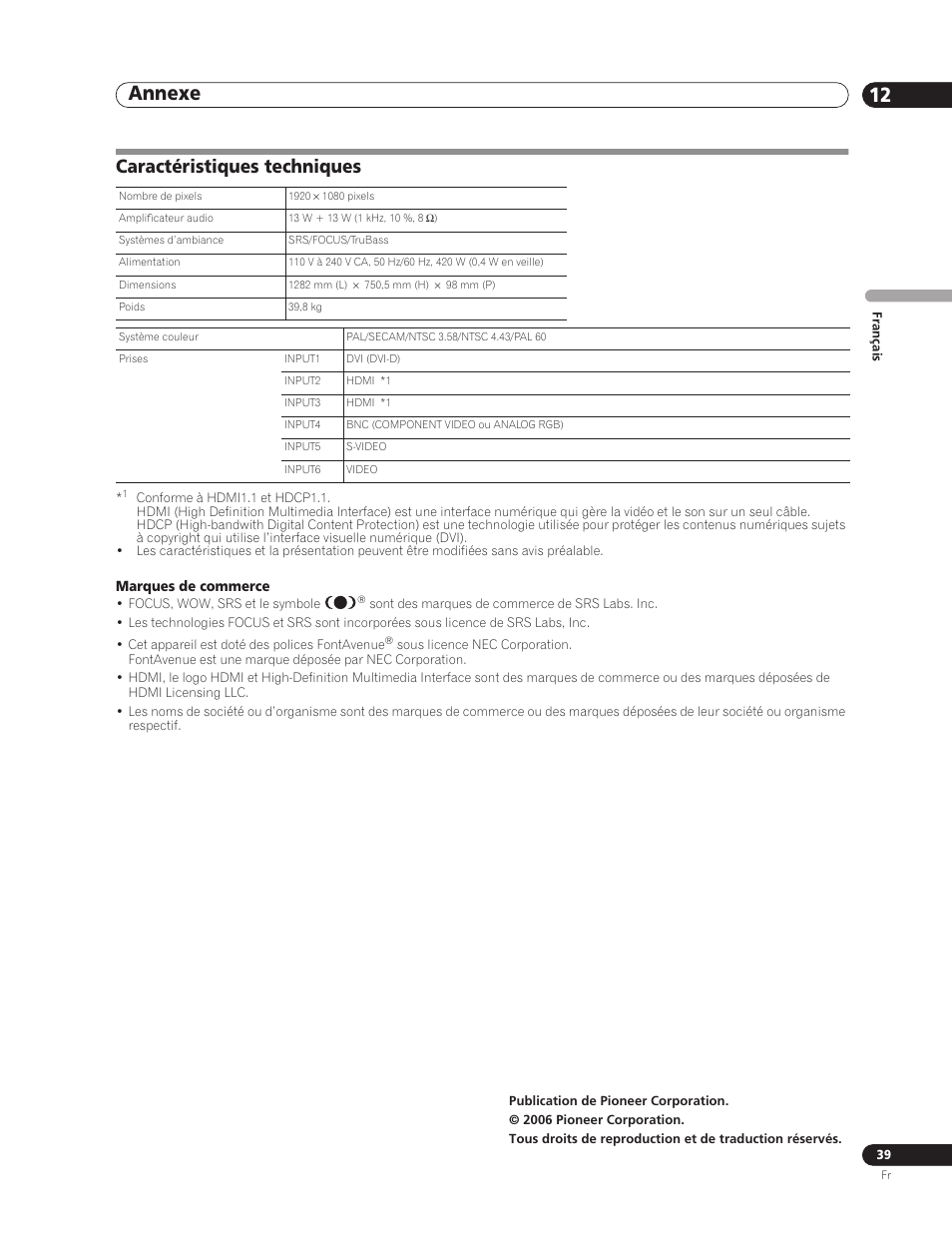 Caractéristiques techniques, Annexe 12 | Pioneer PDP-5000EX User Manual | Page 77 / 230