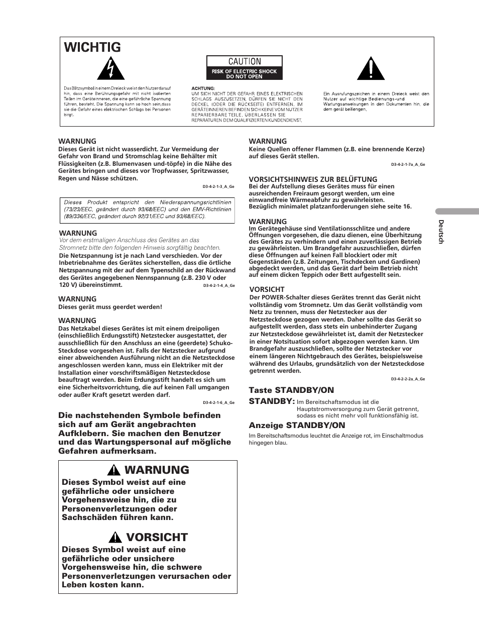 Warnung, Vorsicht | Pioneer PDP-5000EX User Manual | Page 79 / 230