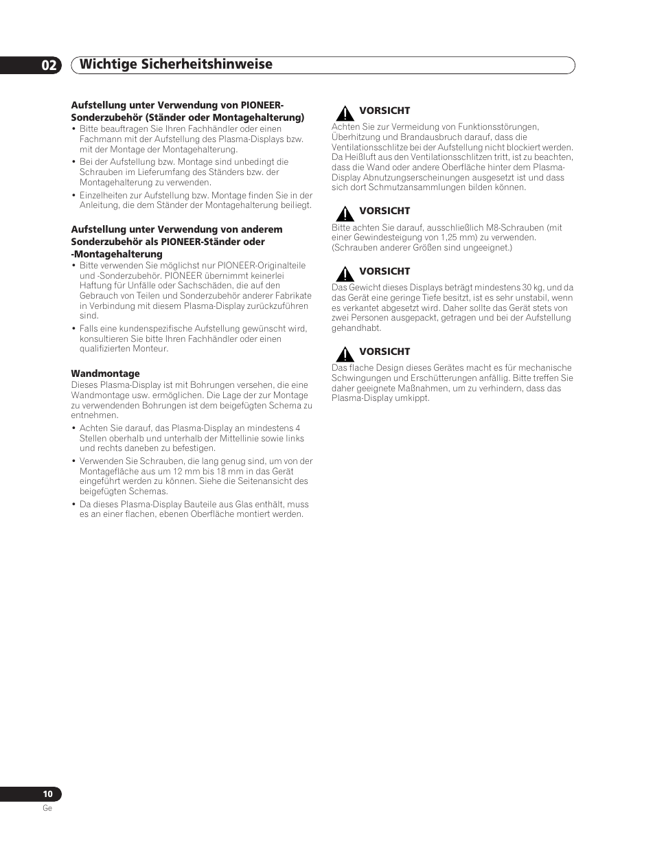 Wichtige sicherheitshinweise 02 | Pioneer PDP-5000EX User Manual | Page 86 / 230