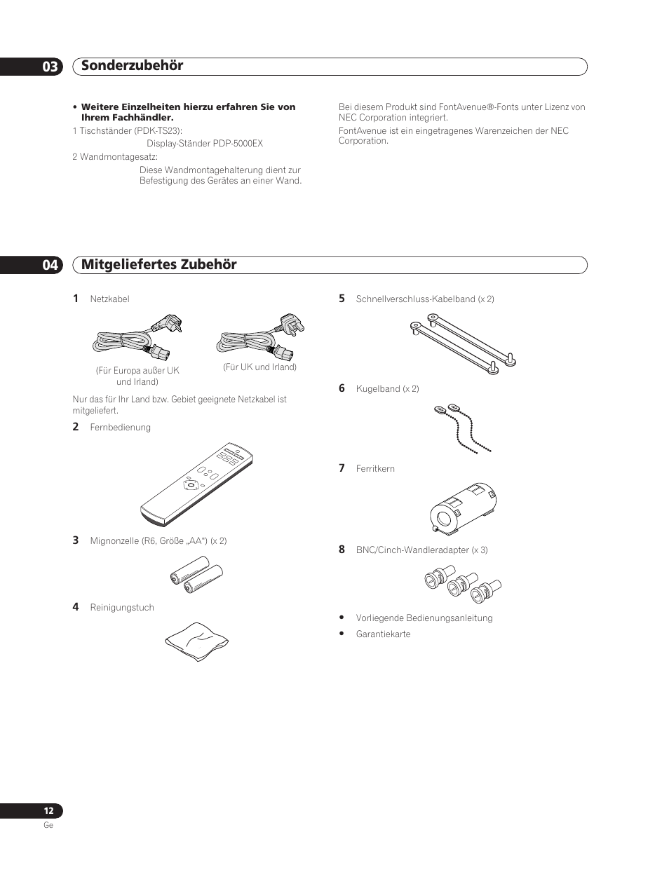 03 sonderzubehör, 04 mitgeliefertes zubehor, Sonderzubehör 03 sonderzubehör | Mitgeliefertes zubehör | Pioneer PDP-5000EX User Manual | Page 88 / 230