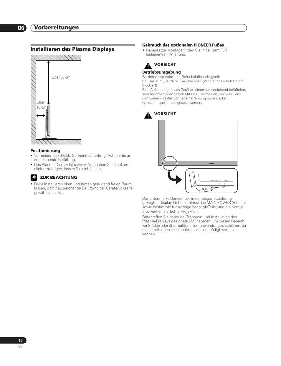 06 vorbereitungen, Installieren des plasma displays, Vorbereitungen 06 vorbereitungen | Pioneer PDP-5000EX User Manual | Page 92 / 230