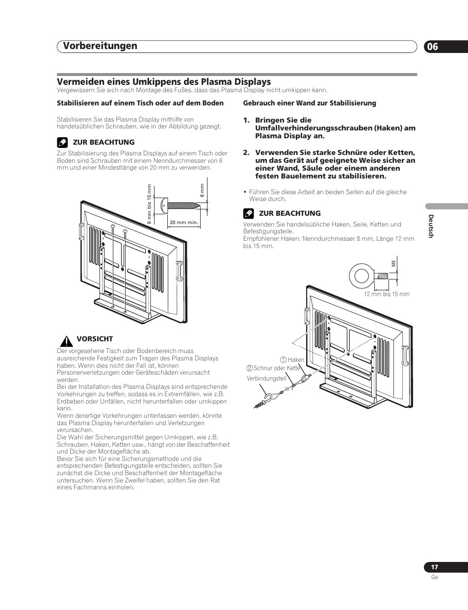 Vermeiden eines umkippens des plasma displays, Vorbereitungen 06 | Pioneer PDP-5000EX User Manual | Page 93 / 230