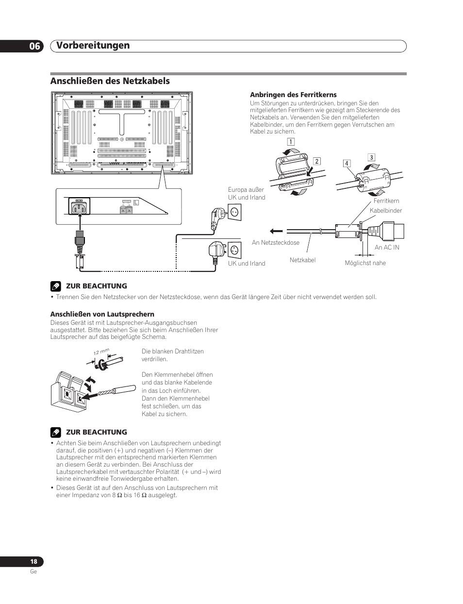 Anschließen des netzkabels, Vorbereitungen 06 | Pioneer PDP-5000EX User Manual | Page 94 / 230